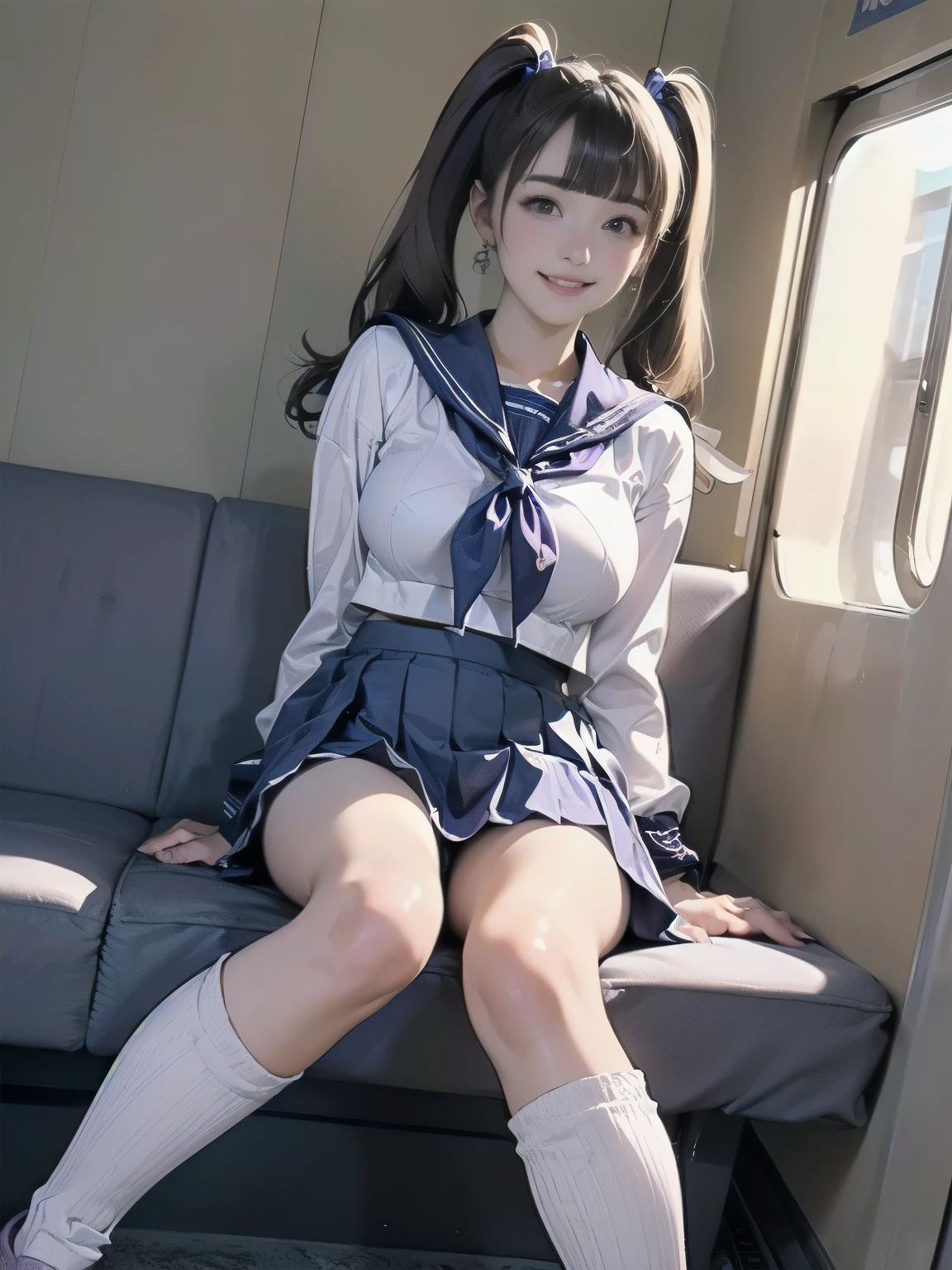 ((((highest quality))))、(((Ultra-precision CG16K wallpaper)))、(((masterpiece)))、(((Super detailed)))、(((Extreme detail)))、((1Mature 24 year old woman:1.5))、((Very beautiful Japanese faces))、((Shiraishi Mai:1.5))、((Straight twin tail hair、blunt bangs:1.5))、(Shiny brown hair)、Beautiful delicate eyes、eyeliner、eye shadow、Brown eyes、High nose、Small nostrils、Small Mouth、Seductive lips、Beautiful breasts、((C cup size breasts))、Cleavage、Voluptuous body、Perfect proportions、Perfect Anatomy、Perfect composition、Beautiful detailed shading、Beautiful, natural lighting、Beautiful detail glow、Depth of written boundary、(((High chroma)))、(((Real:1.9)))、((vivid:1.5))、((Beautiful Skin))、((Skin Texture))、((Realな皮膚感))、(((Full Shot:1.6)))、((Front view、Front low angle:1.6))、((Shy laugh:1.5))、(The woman is facing this way:1.5)、Bright daylight、Natural light、(((sitting with legs spread apart on a train seat:1.6)))、(Sitting pose:1.5)、(((White wearing sailor uniform、Light purple pleated mini skirt:1.6)))、((Wearing earrings:1.3))、(((Knee-high socks、Loafers:1.6)))、