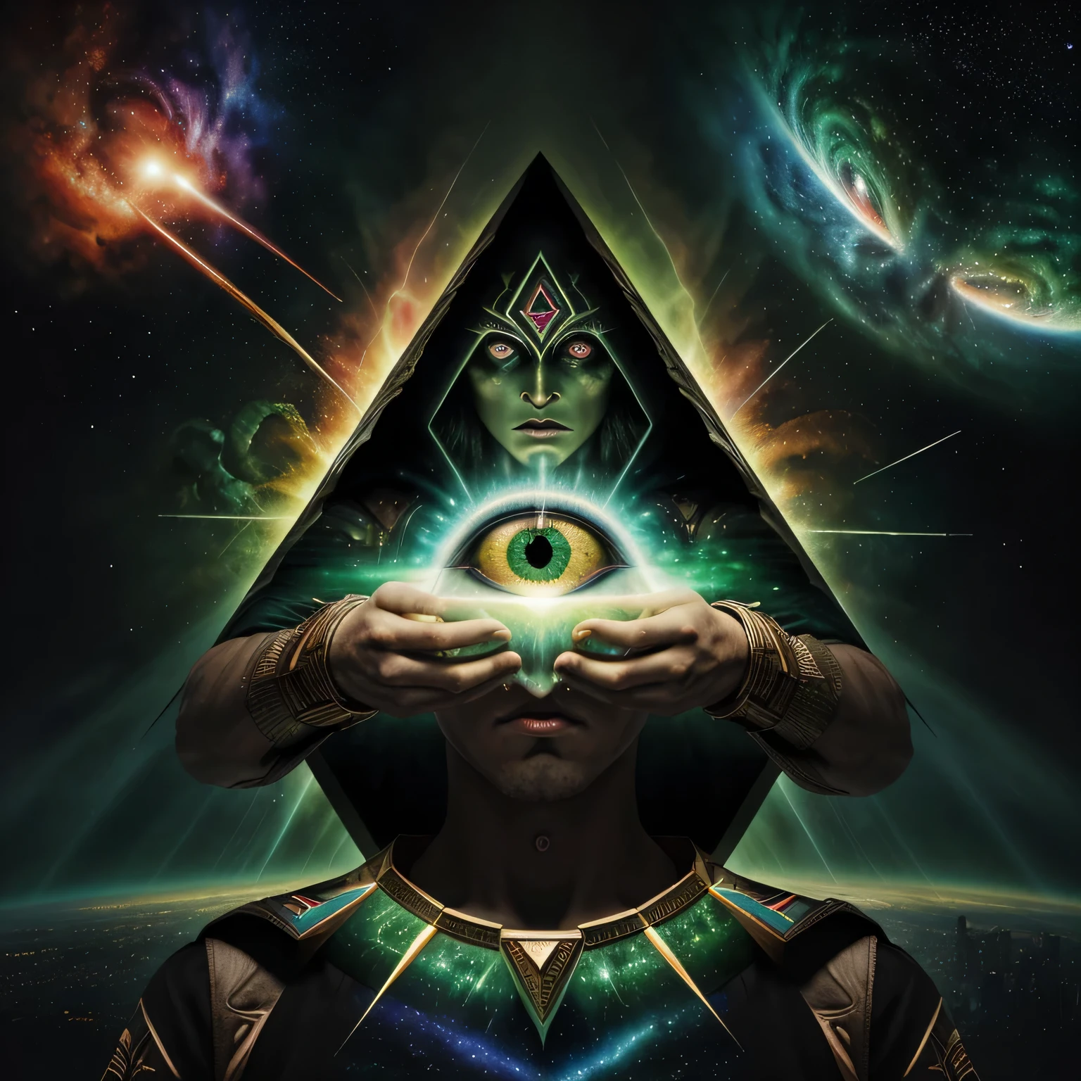 Masterpiece, full art, full color, paint, big green eye illuminati, pyramide os délabrée illuminati, ossements, oeil qui voit tout, big brother, slice of pyramide, background univers, galaxy, chaos, genesis, armagedon, amazing, particules neuronal, explosion supernova, ultra hd, realistic, super detailed, cosmos god