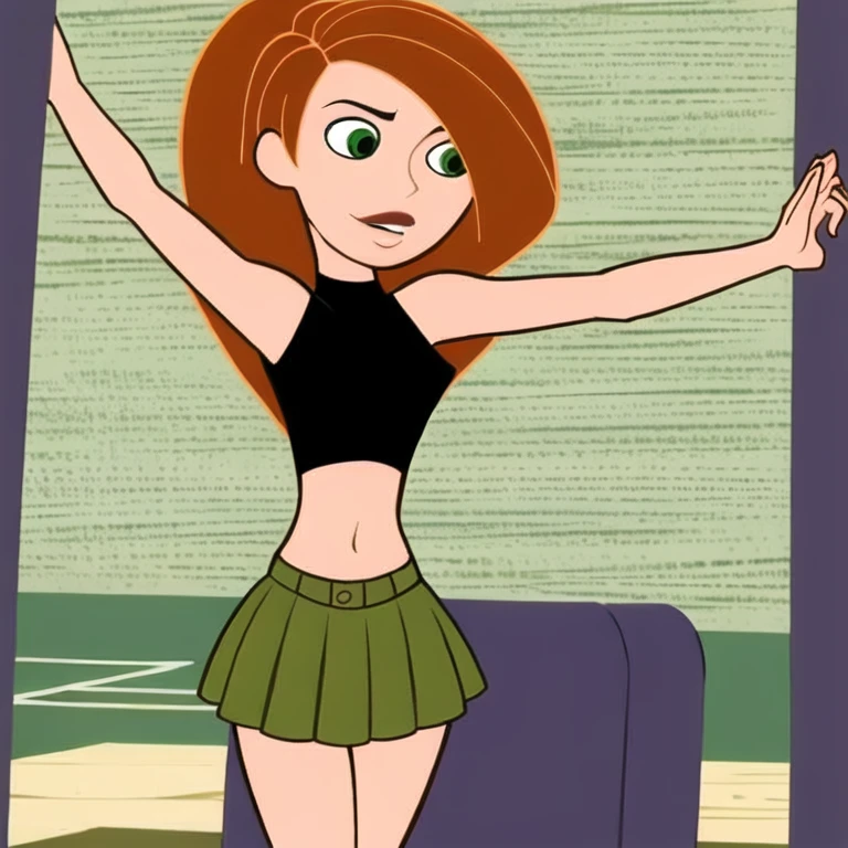1girl, bare arms, bare shoulders, breasts, cheerleader, green eyes, highres, indoors, kim possible, kimberly ann possible, knee up, locker, locker room, long hair, midriff, miniskirt, navel, oira wa arumajiro, orange hair, pleated skirt, pom pom (cheerleading), sitting, skirt, small breasts, solo