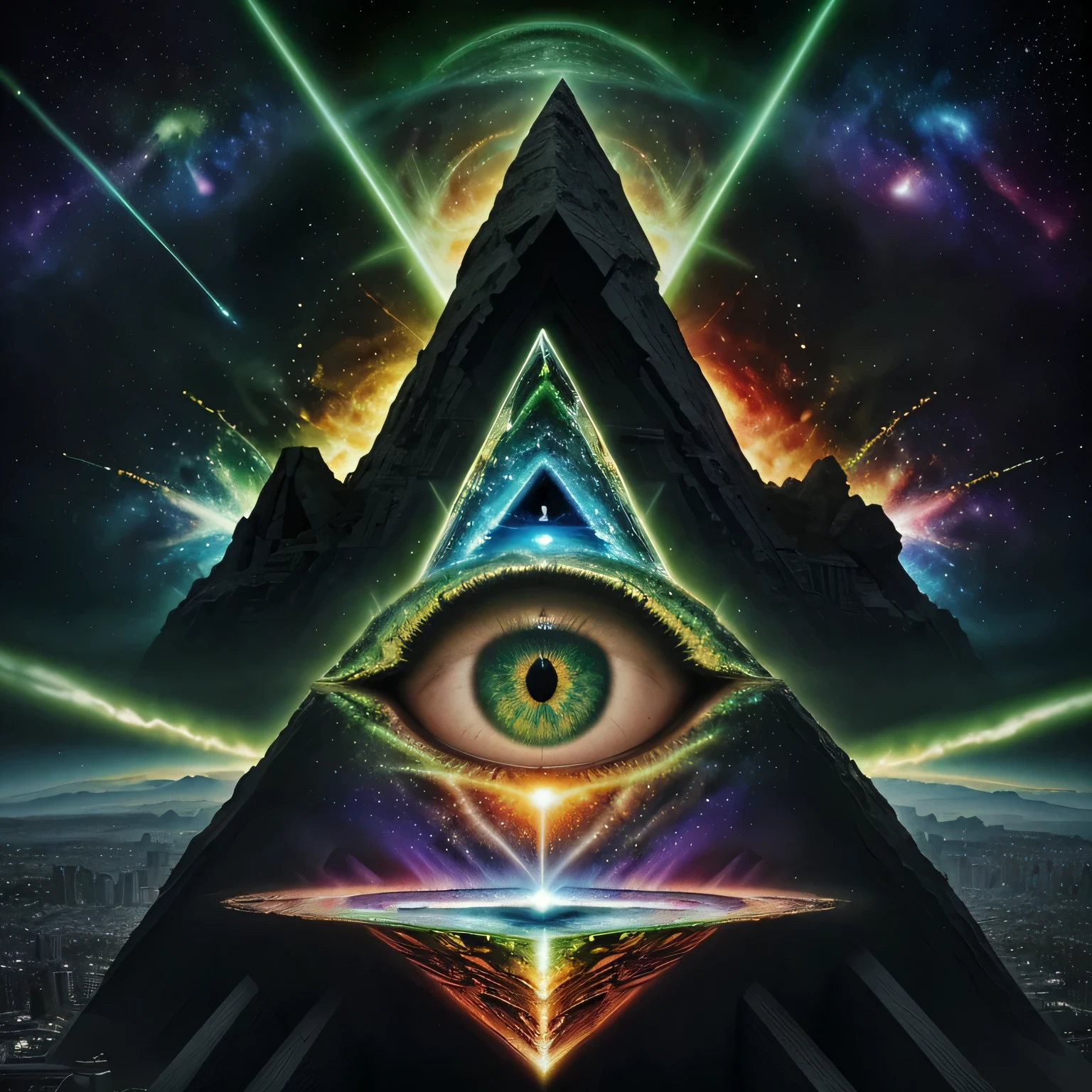 Masterpiece, full art, full color, paint, big green eye illuminati, pyramide os délabrée illuminati, ossements, oeil qui voit tout, big brother, slice of pyramide, background univers, galaxy, chaos, genesis, armagedon, amazing, particules neuronal, explosion supernova, ultra hd, realistic, super detailed, cosmos god