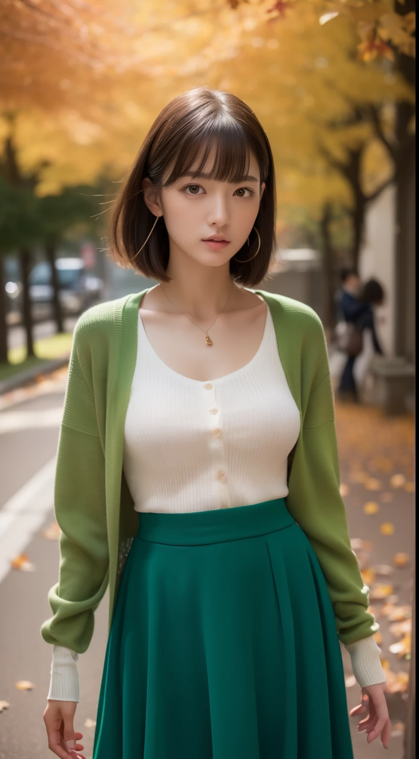 (photographed:1.2)、(Photorealsitic:1.4)、(masterpiece:1.3)、(top-quality:1.4)、超A high resolution、(A detailed eye)、(detailed facial features)、(detailed clothes features)、8K resolution、solofocus、bangss、Double eyelids、Beautiful lips、toned legs、(Slender girl)、(a japanese girl)、(Japan Faces)、1 girl in、23age、Slim Beauty:1.3、brown haired、Delicate hair、The background is a row of ginkgo trees、(((Autumn clothes、white t-shirts、Green long sleeve cardigan、long skirt)))、In the street、(Beautiful breasts:1.2)、Realistic body、de pele branca、Slim body、(short-hair:1.2)、(bangss: 1.2)、Bruises and ugly face、kawaii faces、Lifelike face、Delicate body、((sexy pose))、stunning lighting