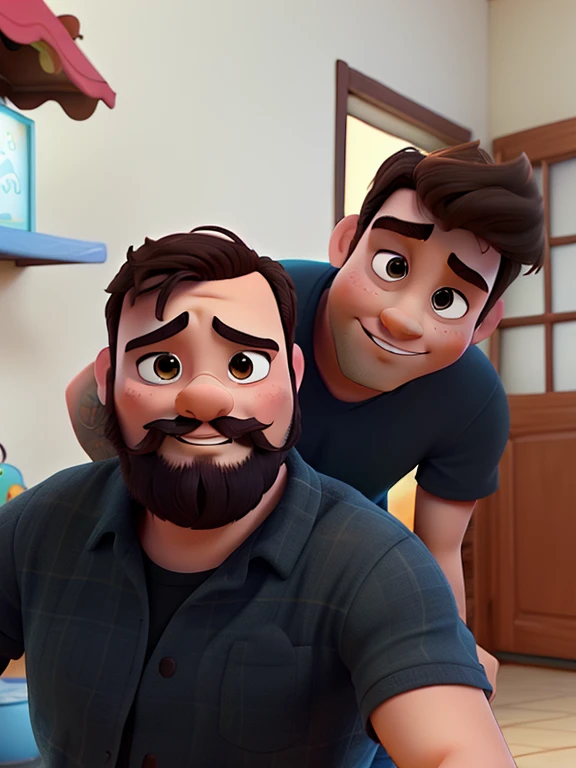 Casal estilo Disney pixar, mulher com seios pequenos, homem com cavanhaque e bigode