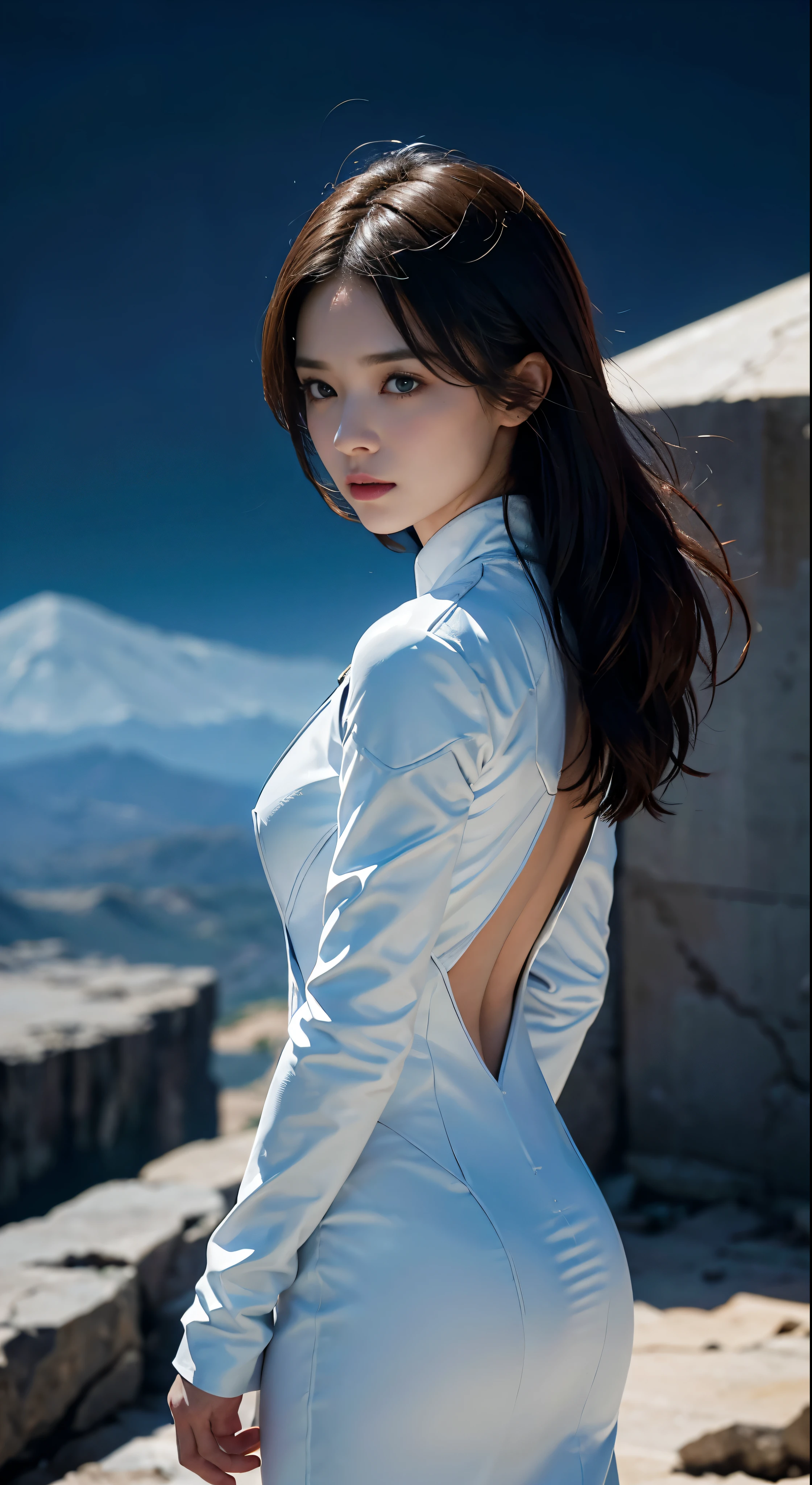 movie「Prometheus」The breathtaking moment of、、A beautiful woman in a pure white armored suit decorated with bold red lines、It&#39;s a brave stand against aliens.。Lunar landscape background、The majestic blue and green of the Earth can be seen from behind.、It creates a sense of tension and awe.。