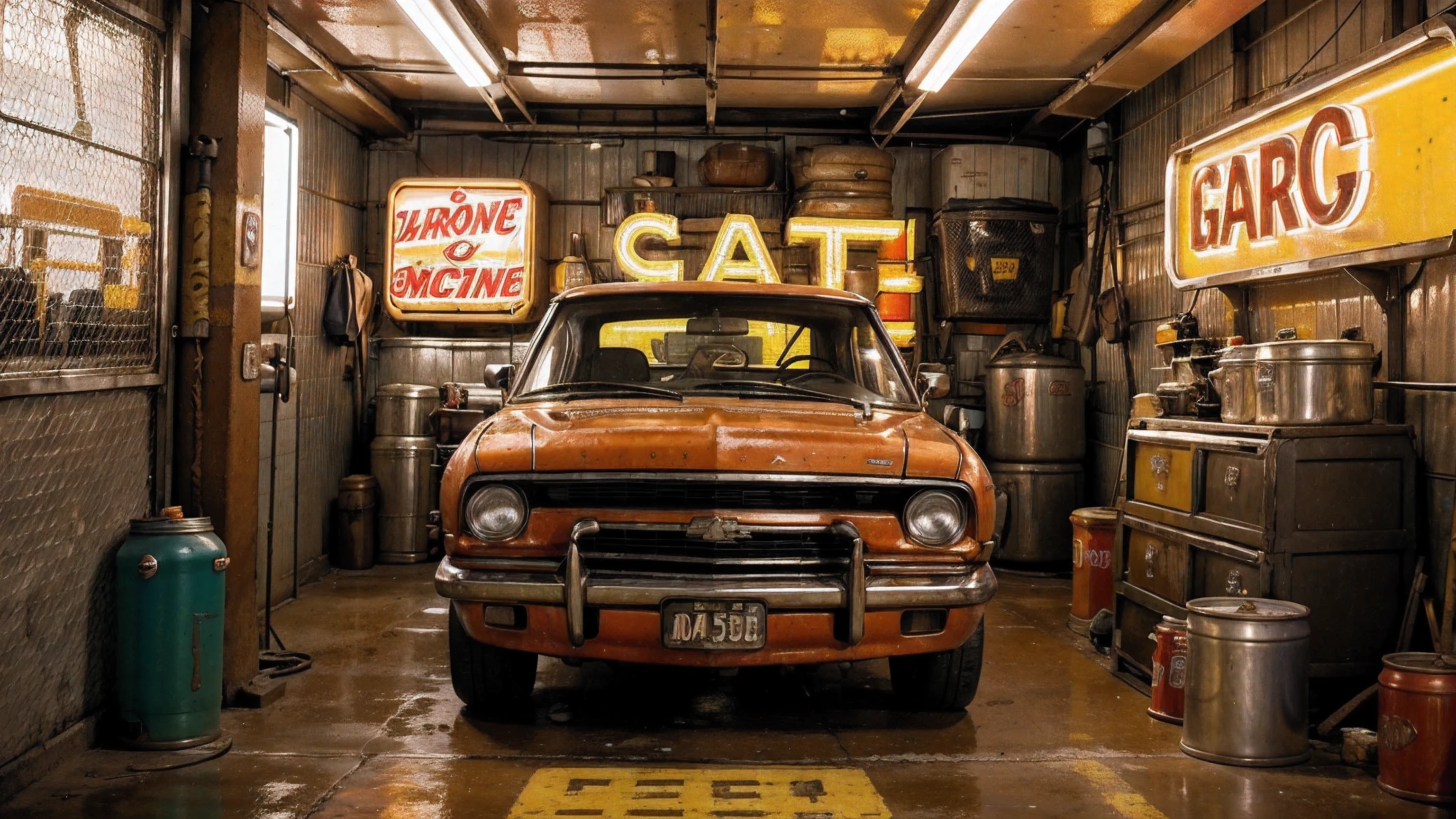 garage background decorated with vibrant colors, warm tones, sharp focus, intricate, natural light, neon advertising signs, signs, oil cans, cars, sparkles, lively atmosphere and relaxed attitude