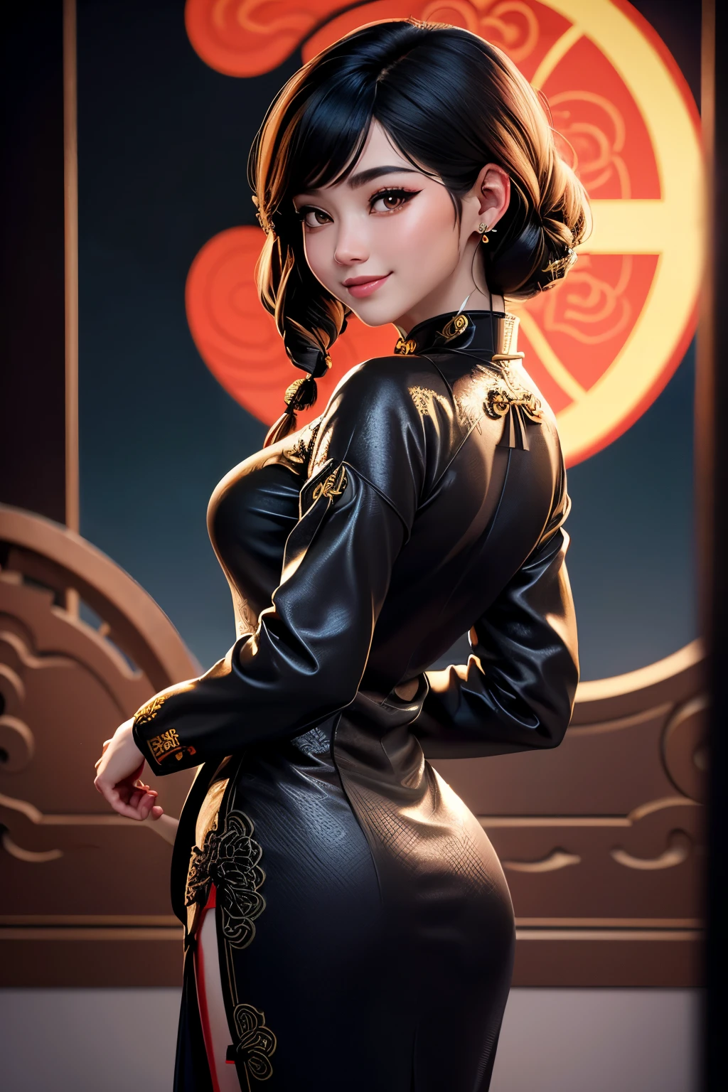 mujer,20 years old,,Ciudad,noche,(((cheongsam de seda))),,sonrisa con la boca abierta((pelo negro)),rubor、,((turn around and look back))()Reflejando las nalgas