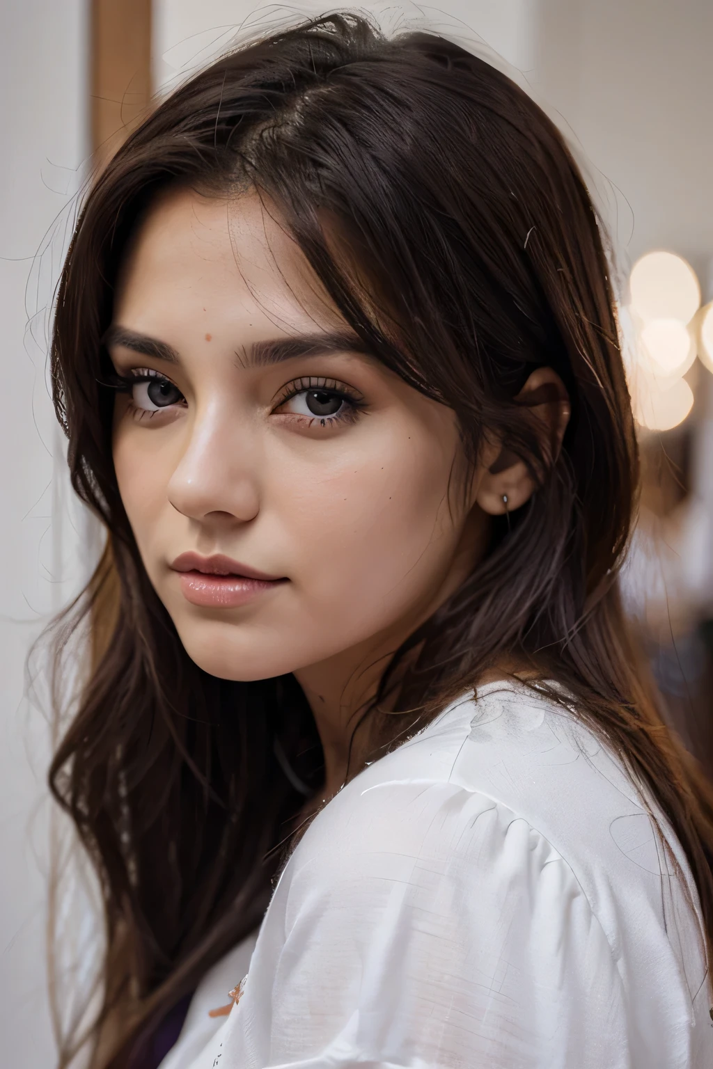 una mujer, hermosa, pelo morado, blanca y ojos celestes.