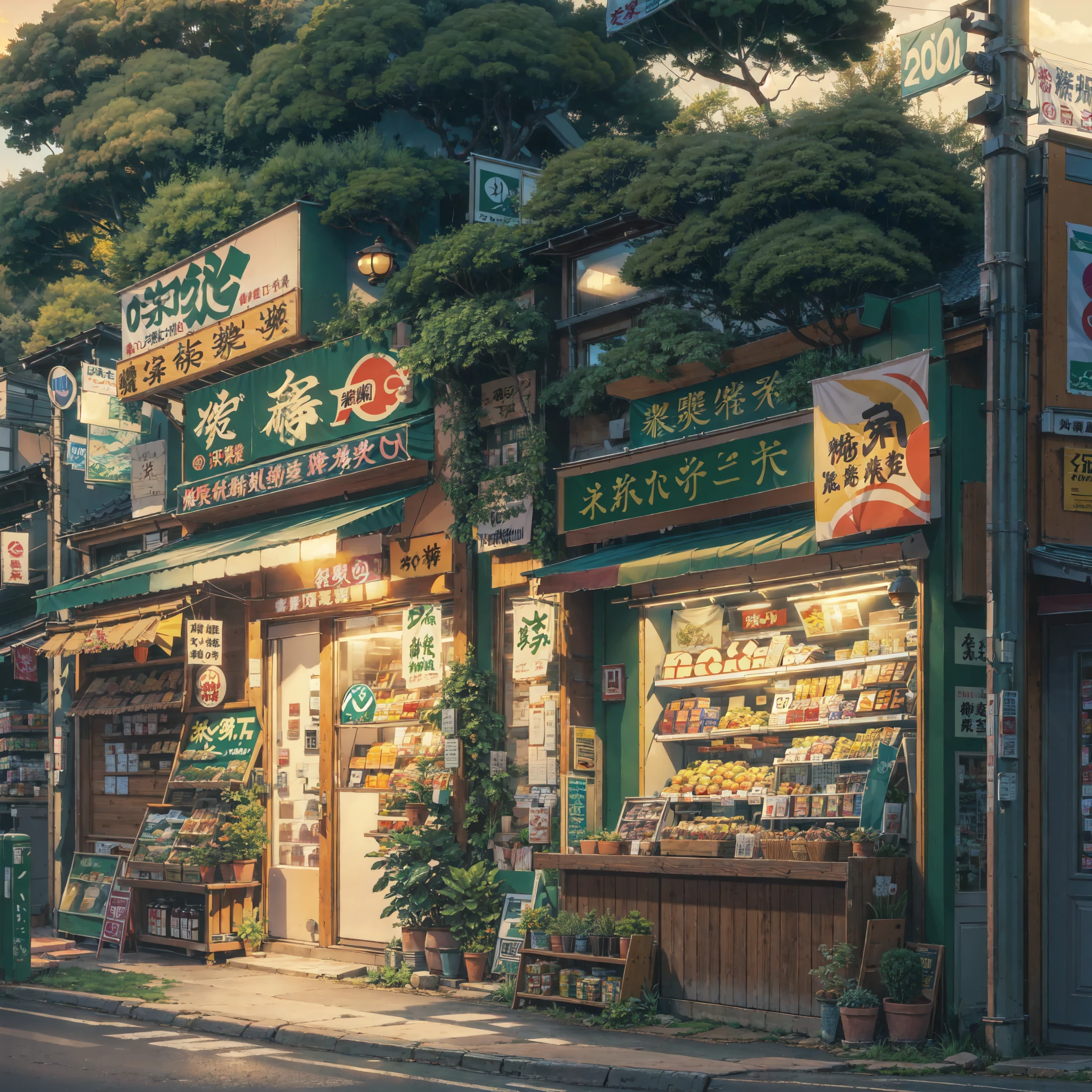 anime background, anime wallpaper, anime, anime style, lofi, lofi style, modern japanese street, mountains, uphill, modern japanese architecture, japanese convenience store, big retro japanese shop signs, retro japanese store, trees, plants, rocks, plant pots, shop signs, japanese banners, japanese signs, flags, sunrise, golden hour, golden lighting, empty street, no one in sight, (no one: 1), best quality