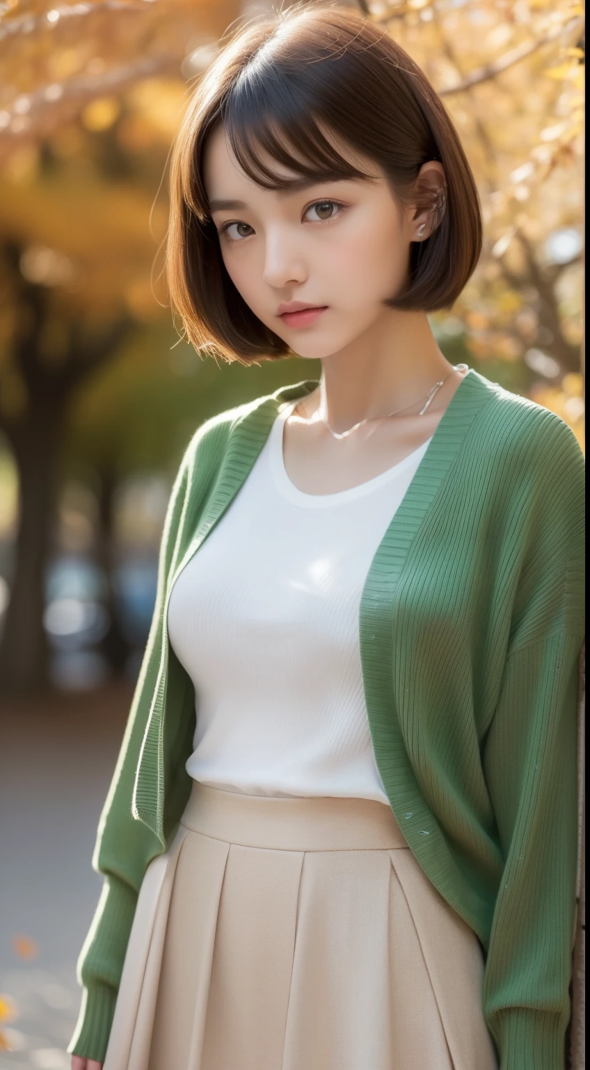 (photographed:1.2)、(Photorealsitic:1.4)、(masterpiece:1.3)、(top-quality:1.4)、超A high resolution、(A detailed eye)、(detailed facial features)、(detailed clothes features)、8K resolution、solofocus、bangss、Double eyelids、Beautiful lips、toned legs、(Slender girl)、(a japanese girl)、(Japan Faces)、1 girl in、23age、Slim Beauty:1.3、brown haired、Delicate hair、The background is a row of ginkgo trees、(((Autumn clothes、white t-shirts、Green long sleeve cardigan、long skirt)))、In the street、(Beautiful breasts:1.2)、Realistic body、de pele branca、Slim body、(short-hair:1.2)、(bangss: 1.2)、Bruises and ugly face、kawaii faces、Lifelike face、Delicate body、((sexy pose))、stunning lighting