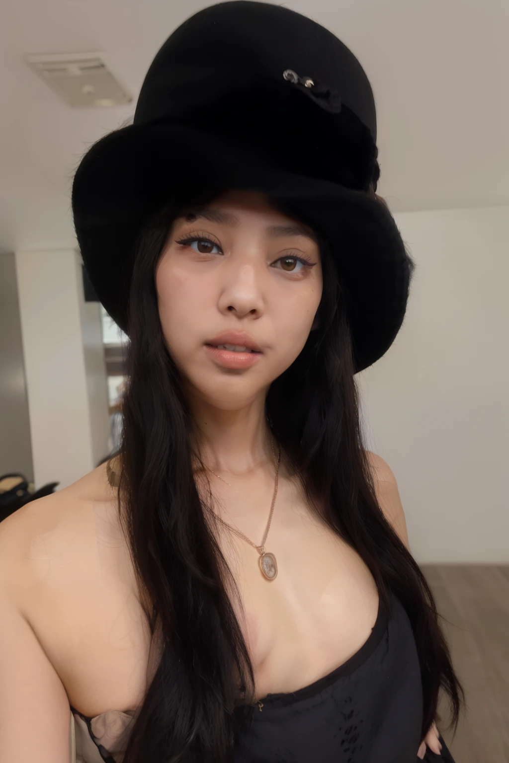 Arafed Asian woman with a black hat and a necklace., con sombrero, ella tiene el pelo negro con flequillo, usando una gargantilla y un lindo sombrero, Jennie, cerveza madison, soft devil queen cerveza madison, ella esta usando un sombrero, pelo largo y negro con flequillo, Xision Wu, con pelo negro liso, modelo de instagram, Blackpink, Kim Jennie