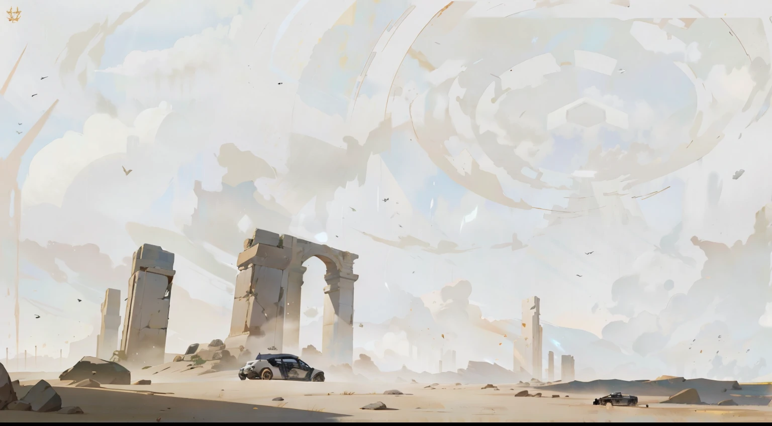there is a photo of a desert with some pillars in the background, estilo espartano, Nicolas Bouvier Sparth, motor irrealpintura digital, quadro-chave, spaceship in ruined space, artista ambiental, tiro de estabelecimento amplo, arte conceitual do arquilecto, unreal 5 lumen motor, inspirado em esparta, pintado como uma arte conceitual de jogo, cinematic level shooting