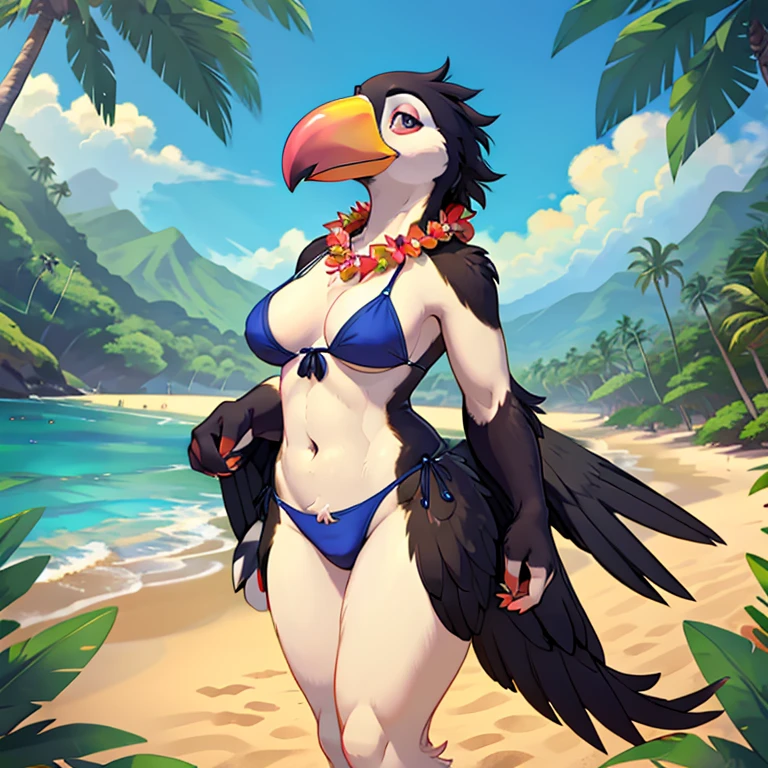 Solo female, toucan, avian, bird, curvy, black feathers, blue bikini bottom, topless, wearing lei, beach, Hawaiian, tropical, palm trees in background