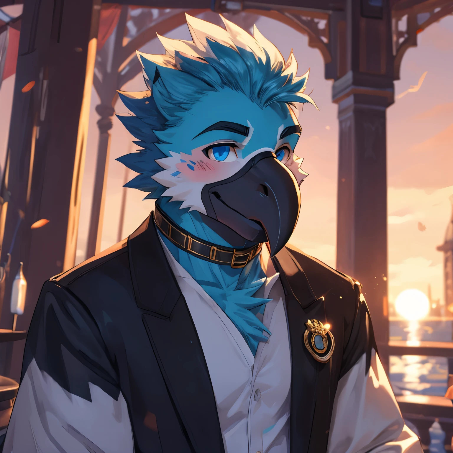 solo male, cute, furry, humanoid, blue macaw parrot, black beak, big bright blue eyes, rising his eyebrow, blushed cheeks, hand touching side of the head, pastel pink tank top, a black leather choker with gold buckle, bright and cheerful, sunset in the background.