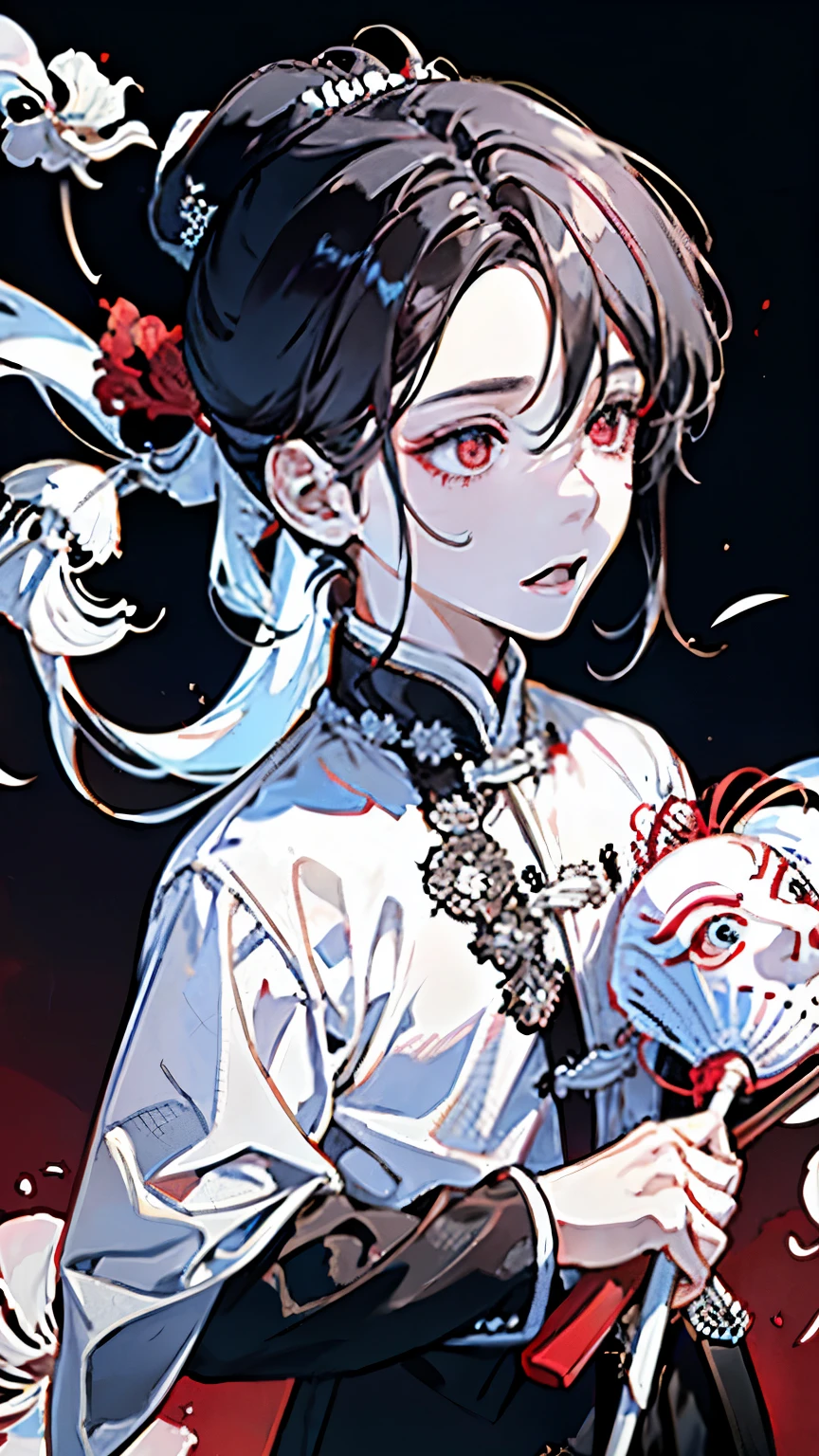 White clothes bring disaster to the world,(boy around 18 years old:1.5),Ancient Chinese style immortal clothing,(Long black hair ponytail:1.4),(Red spider lily:1.35),Close-up of face,(Masquerade Mask:1.2),(Long sword:1.3),