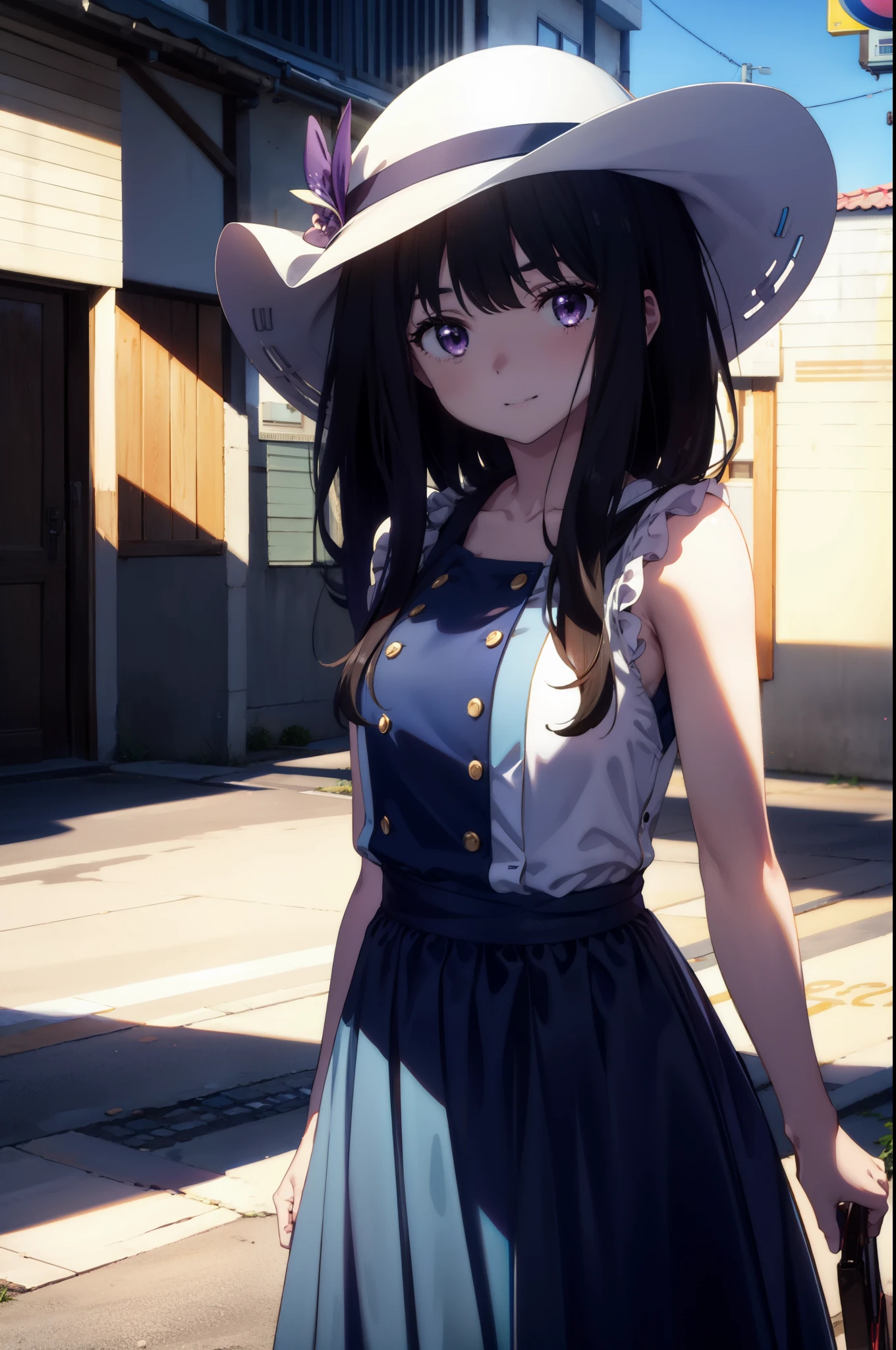 Takiuchi, Inoue Check, Long Hair, bangs, Black Hair, (Purple eyes:1.2),happy smile, smile, Open your mouth,smile,blush,Blue long skirt one-piece dress,No sleeve,Bare arms,Rocket Pendant,Cute Sandals,White hat,True Summer,Clear skies,So that the whole body goes into the illustration,
break outdoors, Coastal Road,City Street,
break looking at viewer, (Cowboy Shot:1.5),
break (masterpiece:1.2), highest quality, High resolution, unity 8k wallpaper, (figure:0.8), (Beautiful fine details:1.6), Highly detailed face, Perfect lighting, Highly detailed CG, (Perfect hands, Perfect Anatomy),