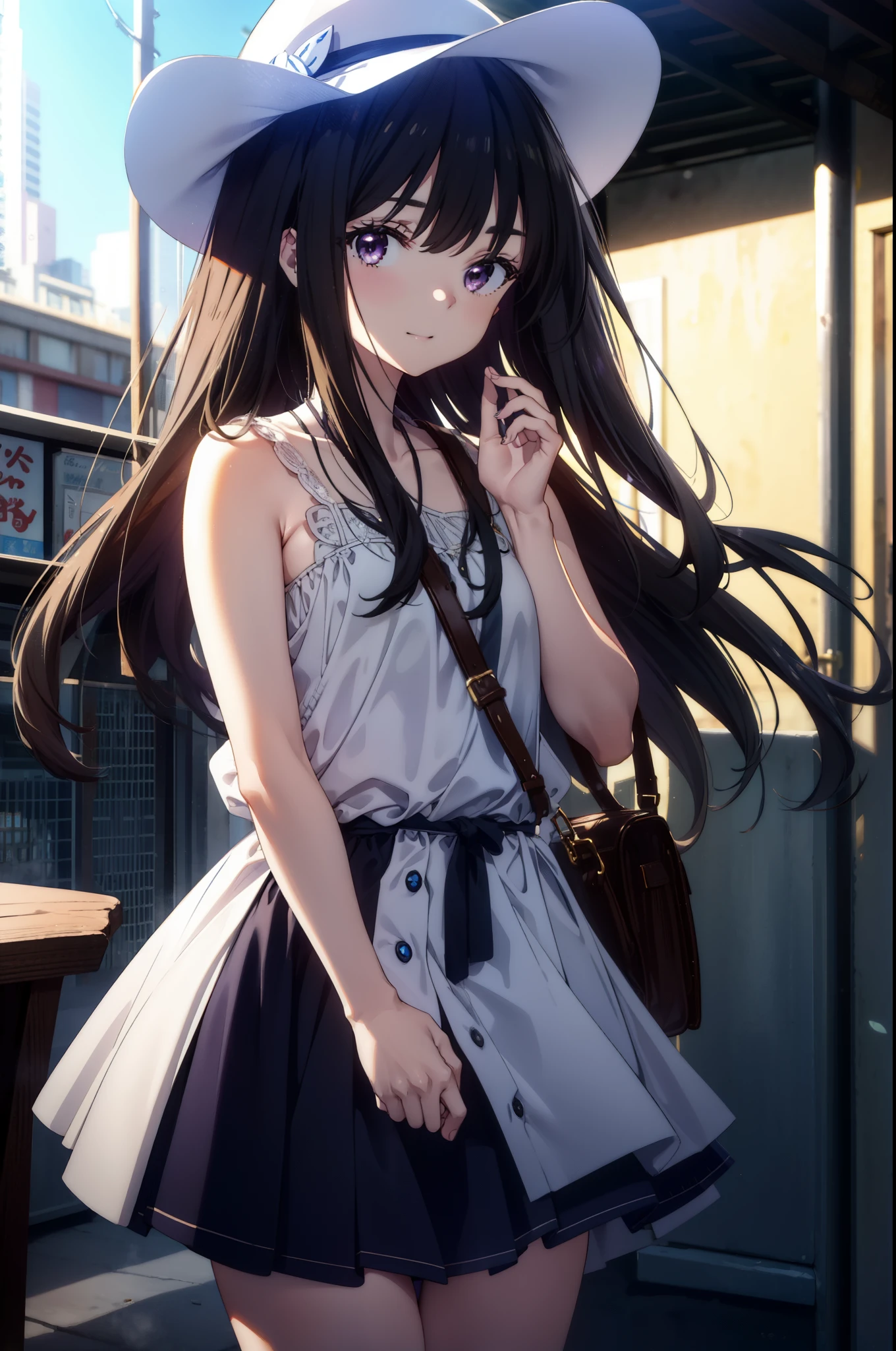Takiuchi, Inoue Check, Long Hair, bangs, Black Hair, (Purple eyes:1.2),happy smile, smile, Open your mouth,smile,blush,Blue long skirt one-piece dress,No sleeve,Bare arms,Rocket Pendant,Cute Sandals,White hat,True Summer,Clear skies,So that the whole body goes into the illustration,
break outdoors, Coastal Road,City Street,
break looking at viewer, (Cowboy Shot:1.5),
break (masterpiece:1.2), highest quality, High resolution, unity 8k wallpaper, (figure:0.8), (Beautiful fine details:1.6), Highly detailed face, Perfect lighting, Highly detailed CG, (Perfect hands, Perfect Anatomy),
