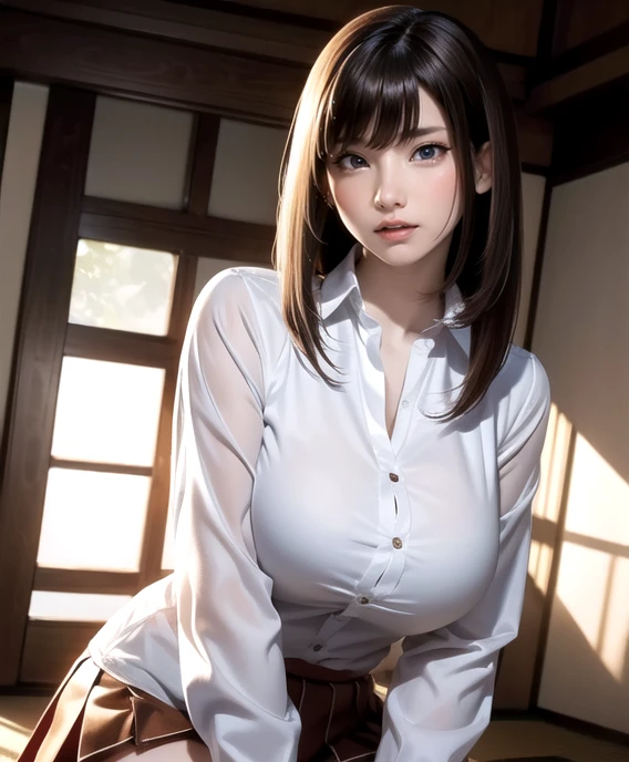 Japanese Girls,(非常にdetailedな肌),curvy,,Beautiful big breasts,(Big Breasts),Pale skin,Pointed Chest,Erect nipples,(Fantasy art,Best image quality,Hyperrealist portrait,(8k),Ultra-realistic,最high quality, high quality, High resolution, high quality texture,Attention to detail,Beautiful details,detailed,Extremely detailed CG,detailed Texture,Realistic facial expressions,masterpiece,in front,dynamic,bold),short hair,(very thin hair),(Very soft hair),(Super Straight Hair:1.5),length, sleek bangs,Very light coppery amber hair,Hair on one eye,Wearing a white blouse、Her blouse is tight to her body..、She is wearing a super mini pleated skirt.、Crouched down with his back to the viewer、Squat、Drawing from behind、