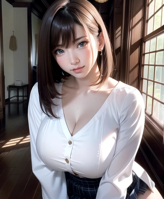 Japanese Girls,(非常にdetailedな肌),curvy,,Beautiful big breasts,(Big Breasts),Pale skin,Pointed Chest,Erect nipples,(Fantasy art,Best image quality,Hyperrealist portrait,(8k),Ultra-realistic,最high quality, high quality, High resolution, high quality texture,Attention to detail,Beautiful details,detailed,Extremely detailed CG,detailed Texture,Realistic facial expressions,masterpiece,in front,dynamic,bold),short hair,(very thin hair),(Very soft hair),(Super Straight Hair:1.5),length, sleek bangs,Very light coppery amber hair,Hair on one eye,Wearing a white blouse、Her blouse is tight to her body..、She is wearing a super mini pleated skirt.、Crouched down with his back to the viewer、Squat、Drawing from behind、