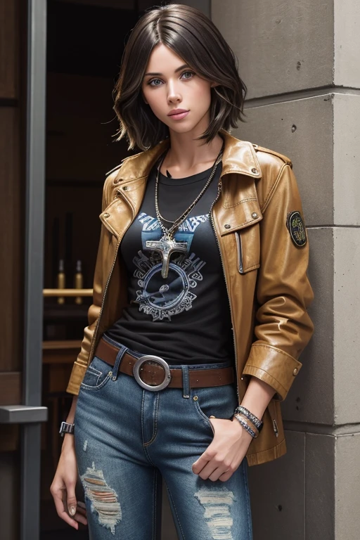 Kayla Ewell 20-year-old boy with open brown jacket, blue t-shirt with snow print, short black hair, punk style, yellow locks, black jeans, green eyes, black leather belt, silver buckle, slim muscular build, cross medallion, silver bracelet, looking straight at the viewer, holding a harp