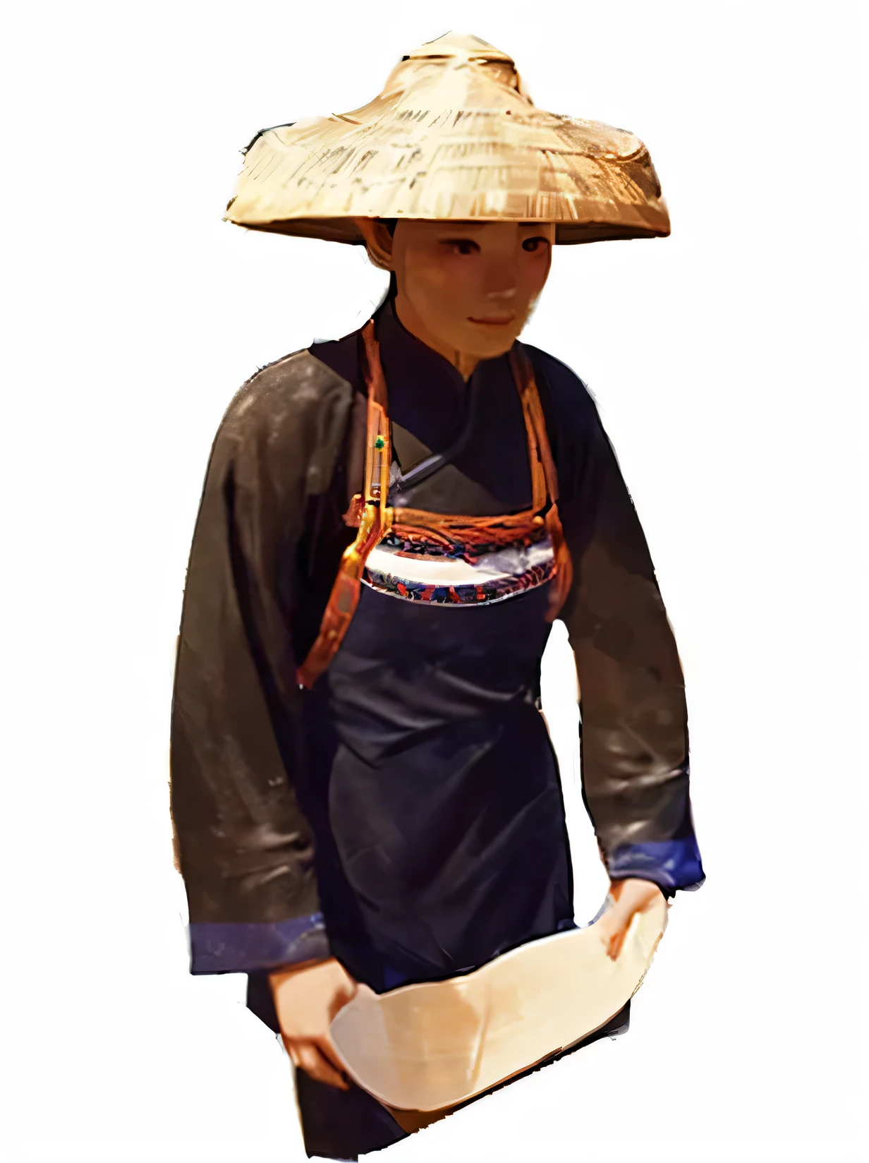 woman fisherman，Hainan bamboo hat woman，figure，No background，Hand-drawn style，fisherman，Hainan bamboo hat，Wearing navy blue Hakka clothing，