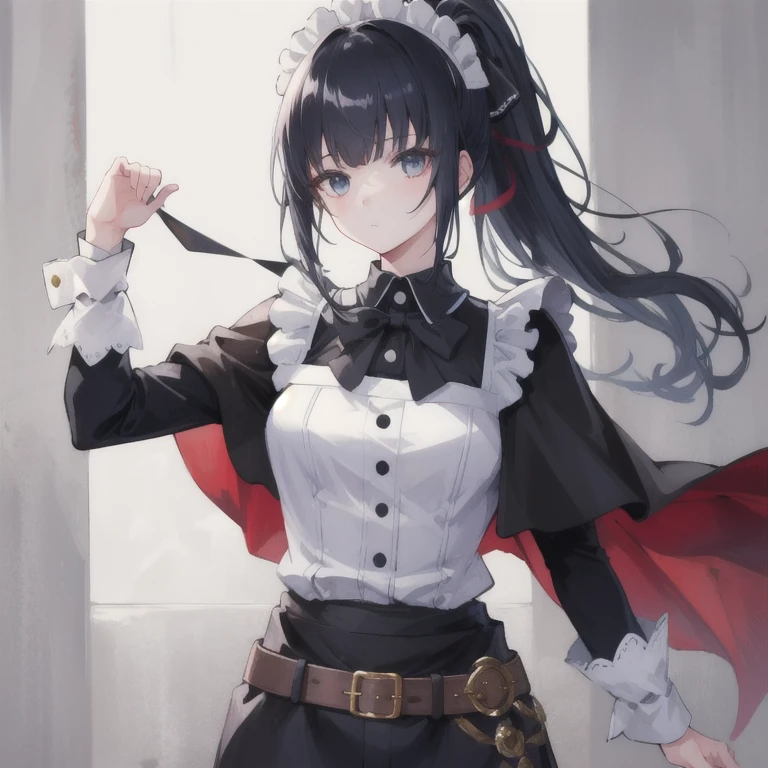 (masterpiece, best quality), intricate details, 
(1girl), solo,    narberal gamma, black hair, high ponytail, long hair, slanted eyes, narrow eyes,, belt, belt buckle, black pants, black ribbon, brown cape, buckle, buttons, cape, pants, ribbon-trimmed cape, white shirt,, apron, armor, black dress, dress, frills, long sleeves, maid, maid headdress, puffy sleeves,, 
