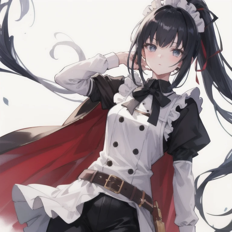 (masterpiece, best quality), intricate details, 
(1girl), solo,    narberal gamma, black hair, high ponytail, long hair, slanted eyes, narrow eyes,, belt, belt buckle, black pants, black ribbon, brown cape, buckle, buttons, cape, pants, ribbon-trimmed cape, white shirt,, apron, armor, black dress, dress, frills, long sleeves, maid, maid headdress, puffy sleeves,, 
