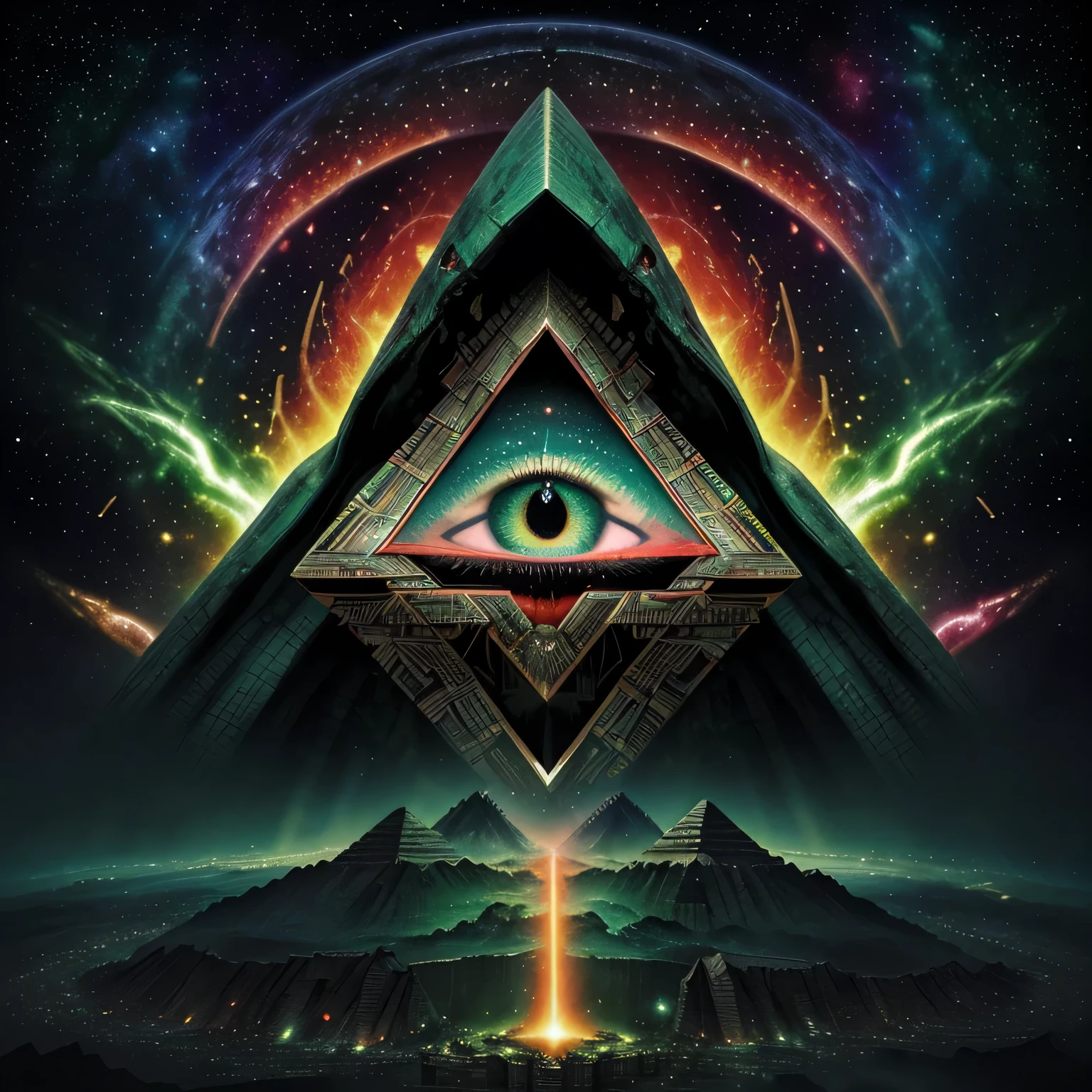 Masterpiece, full art, full color, paint, big green eye illuminati, (pyramide os délabrée illuminati), ossements, oeil qui voit tout, big brother, slice of pyramide, background univers, galaxy, chaos, genesis, armagedon, amazing, particules neuronal, explosion supernova, ultra hd, realistic, super detailed, cosmos, blood, fear, horror, cosmic horror