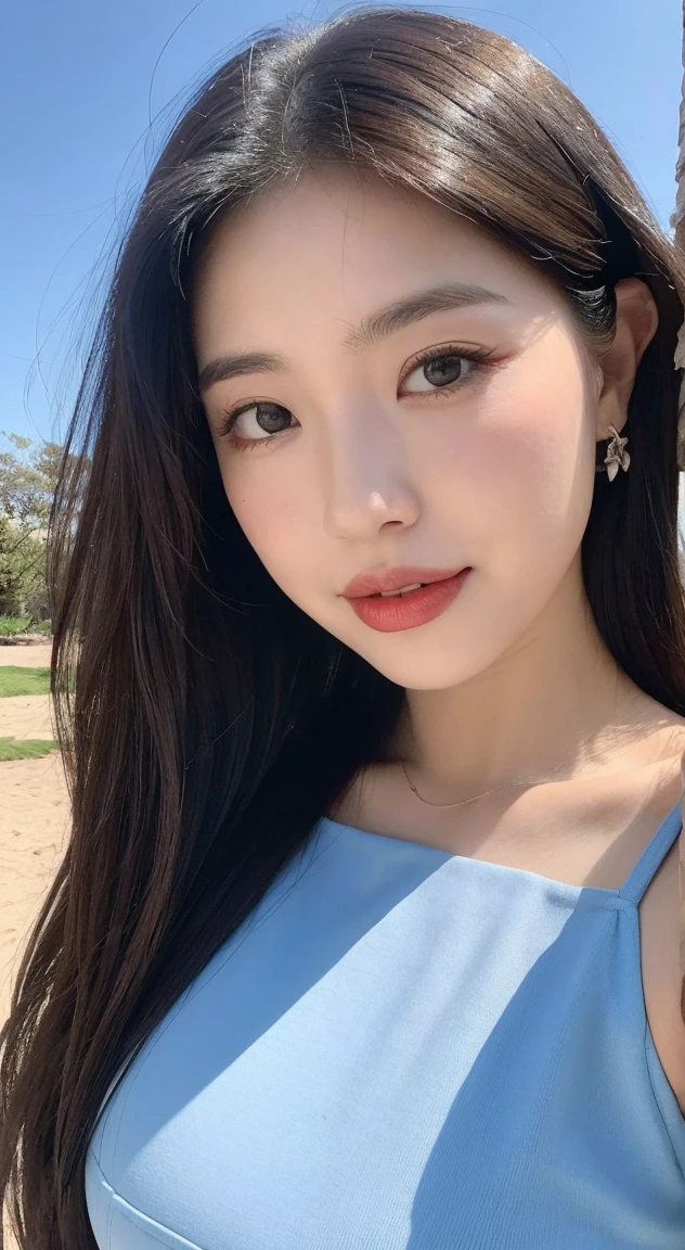 (Best quality at best, 8k, obra-prima:1.3)), Uma linda donzela,Puro,melon seed face,gentil e fofo,Um doce sorriso,desejo puro,estatura magra,(Rua),(Tilt your head),looking directly at the camera,Uniformes, inner strength, formal,Preto sedoso longo, cabelo liso,Cabelo comprido espalhado sobre os ombroaior, redondo, 黑The eye,olhos grandes e claros,Hydrated red lips,doce,lindo colar,Brincos delicados,sentado na beira da piscina,com blue sky e nuvens brancas,blue sky,vestido de veludo escuro