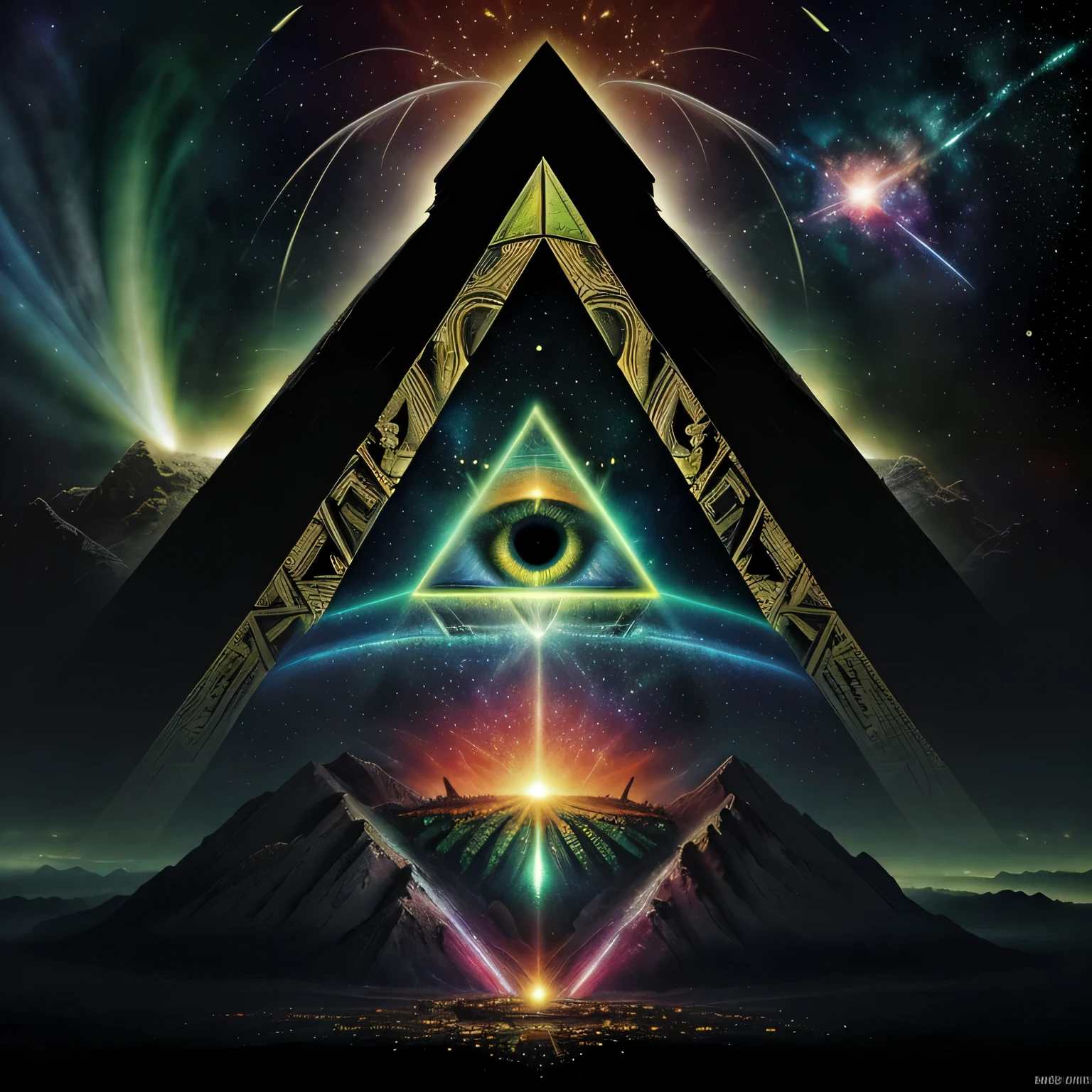Masterpiece, full art, full color, paint, big green eye illuminati, (pyramide os délabrée illuminati), ossements, oeil qui voit tout, big brother, slice of pyramide, background univers, galaxy, chaos, genesis, armagedon, amazing, particules neuronal, explosion supernova, ultra hd, realistic, super detailed, cosmos, blood, fear, horror, cosmic horror