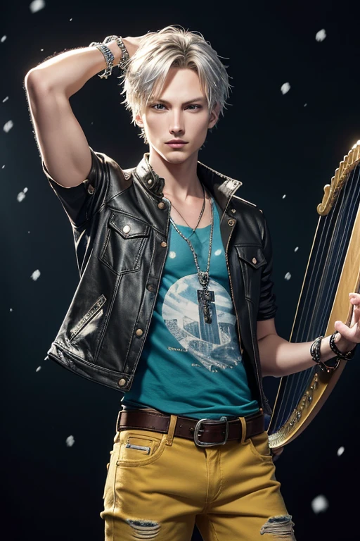 Candice Accola 20-year-old boy with open brown jacket, blue t-shirt with snow print, short black hair, punk style, yellow locks, black jeans, green eyes, black leather belt, silver buckle, slim muscular build, cross medallion, silver bracelet, looking straight at the viewer, holding a harp