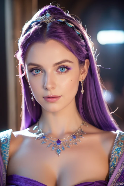 (best quality,4k,8k,highres,masterpiece:1.2),ultra-detailed,(realistic,photorealistic,photo-realistic:1.37),beautiful woman, purple hair, fair skin, blue eyes, purple-haired beauty, fair-skinned beauty, detailed facial features, celestial eyes, medieval style, ethereal ambiance, intricate jewelry, flowing robes, graceful posture, enchanting background, vibrant colors, soft lighting