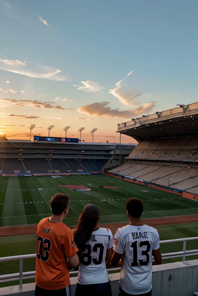 Image of a football stadium at dusk with a low concrete wall surrounding the field. Outside the stadium, three people of different heights — one tall, one medium and one short — are standing on identical wooden crates trying to watch the game. The two tallest people can clearly see the football field, excited and involved in the game. However, the shorter person has a frustrated expression as his view is blocked by the wall. The sky above the stadium presents a beautiful gradient of colors, with orange and pink tones from the sunset.
