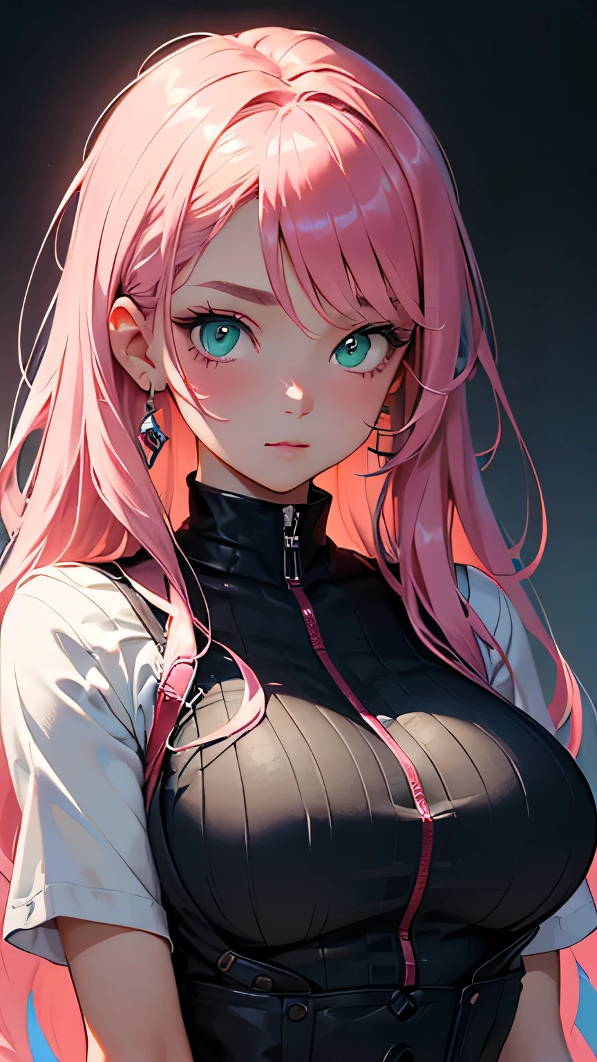 ((best quality)), 1girl, long hair, pink hair, green eyes,cocked eyebrow,masterpiece  , ultra detailed  , pixiv  , best shadows  , best lighting  , best quality, HDR, thick body, cute dress,portrait, (facing viewer), portrait, for the top, bully, big breast