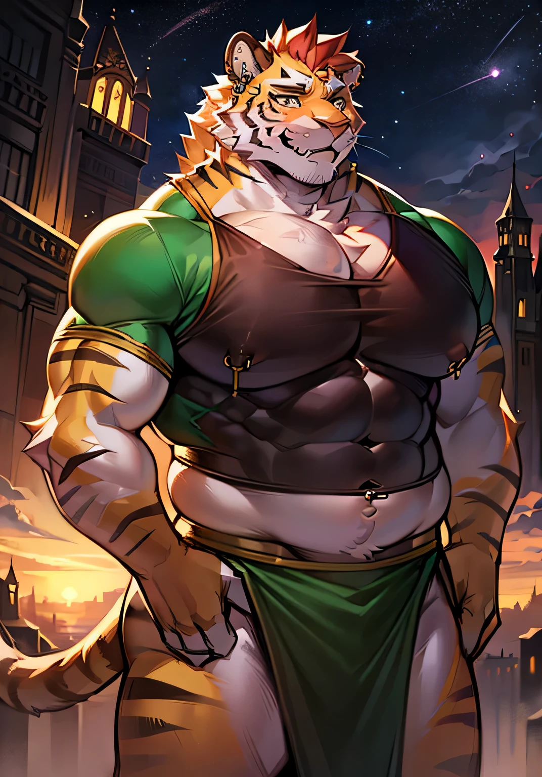 solo male, muscular body, massive pecs, ripped body, bulging pecs, saggy pecs, round pecs, huge pecs, lactating, nipple piercings, tiger knight, standing under the stars, fantasy background with castle in the distance, facing viewer, head tilted to the side, beautiful sunset sky, wearing tunic, tiger furry character, small waist, love handles