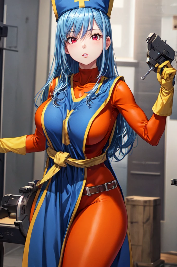 masterpiece,highest quality, Unreal Engine, Super Resolution, Very detailed,
1 girl, Waist, thin, (Muscular:0.8)
round chest, Big Breasts, Bold,  Lips parted, Observe the audience,
Are standing, sexy pose
Waist shot,
Simple background anime style, Key Visual,
 Light blue hair, Red eyes, Long-haired monk \(dq3\)
Orange bodysuit,Miter saw,Tabard Elbow Gloves