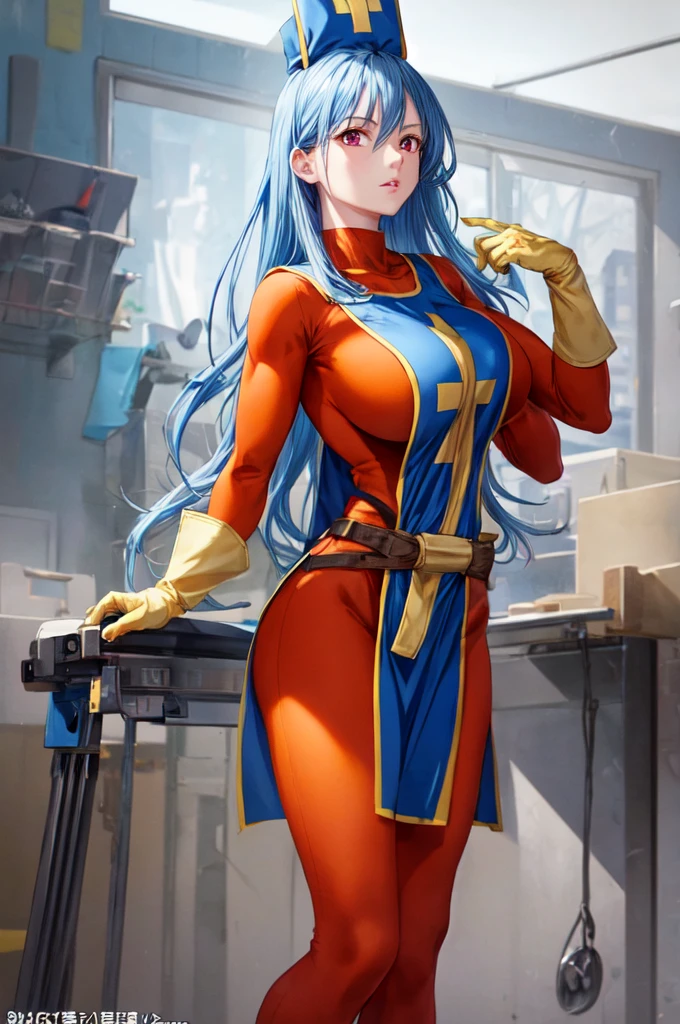 masterpiece,highest quality, Unreal Engine, Super Resolution, Very detailed,
1 girl, Waist, thin, (Muscular:0.8)
round chest, Big Breasts, Bold,  Lips parted, Observe the audience,
Are standing, sexy pose
Waist shot,
Simple background anime style, Key Visual,
 Light blue hair, Red eyes, Long-haired monk \(dq3\)
Orange bodysuit,Miter saw,Tabard Elbow Gloves