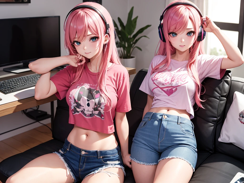 1_girl, solo girl, masterpiece, woman 4, dynamic, kpop IDOL, promotional photo, shout, face close,, hustle, impressive eyes, fine skin texture, confident lol, overhead view, strabismus, strabismus, strabismus, high resolution, profoto, crotch, pink, spotlight, rock singer, rainbow hair,, navel, straight pink hair, Headphones, Long Hair, skull arm tattoo, Tattoo, wearing a anime t-shirt and denim jeans, living room background, working on a computer