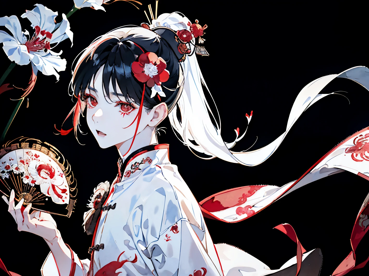 White clothes bring disaster to the world,(boy around 18 years old:1.5),Ancient Chinese style immortal clothing,(Long black hair ponytail:1.4),(Red spider lily:1.35),Close-up of face,(Masquerade Mask:1.2),(Dancing beautifully:1.3),((Watercolor pattern background))