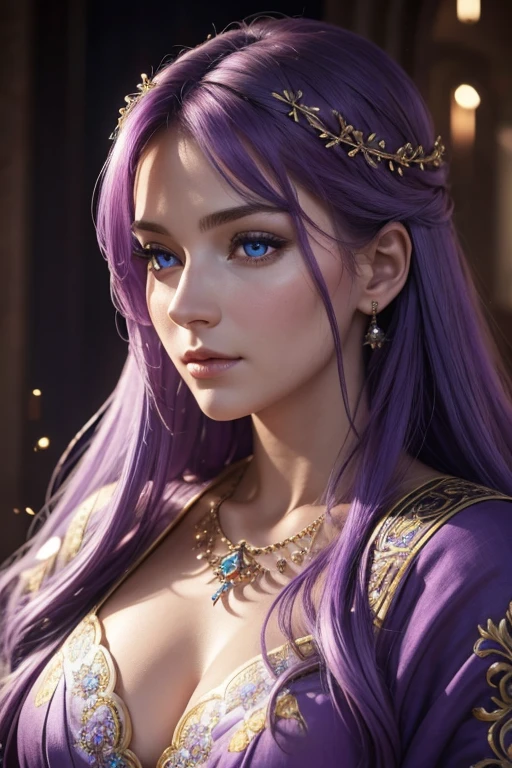 (best quality,4k,8k,highres,masterpiece:1.2),ultra-detailed,(realistic,photorealistic,photo-realistic:1.37),beautiful woman, purple hair, fair skin, blue eyes, purple-haired beauty, fair-skinned beauty, detailed facial features, celestial eyes, medieval style, ethereal ambiance, intricate jewelry, flowing robes, graceful posture, enchanting background, vibrant colors, soft lighting