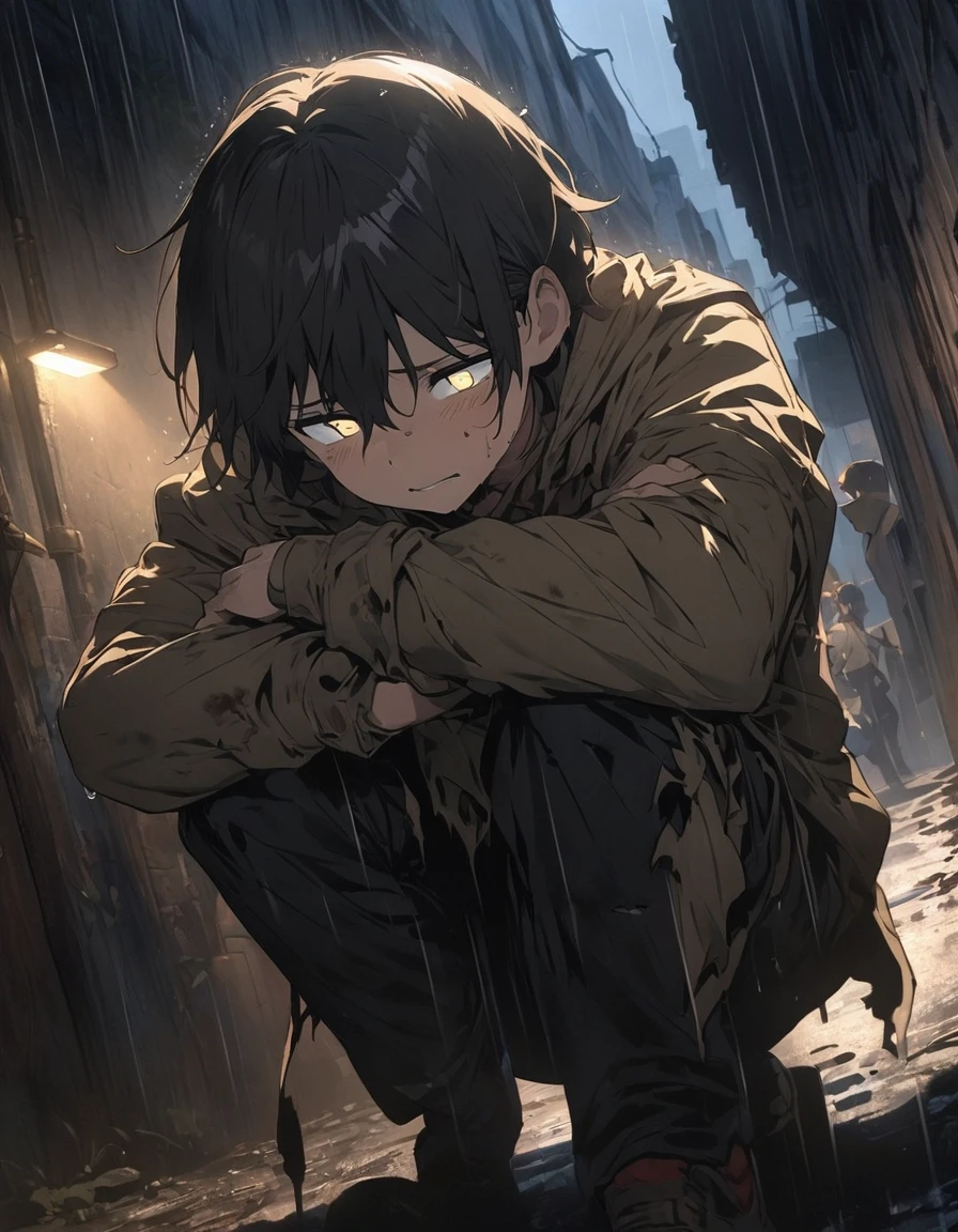 boy, sitting in the alley, Dirty and torn clothes, Sad face, Under the Rain, At night、(highest quality、masterpiece、High resolution、detailed)、animeスタイル、Flat Style、(Shining Eyes、detailed美しい顔),  BREAK,anime、extremely detailed、Best lighting, Best Shadow、Dynamic Angle