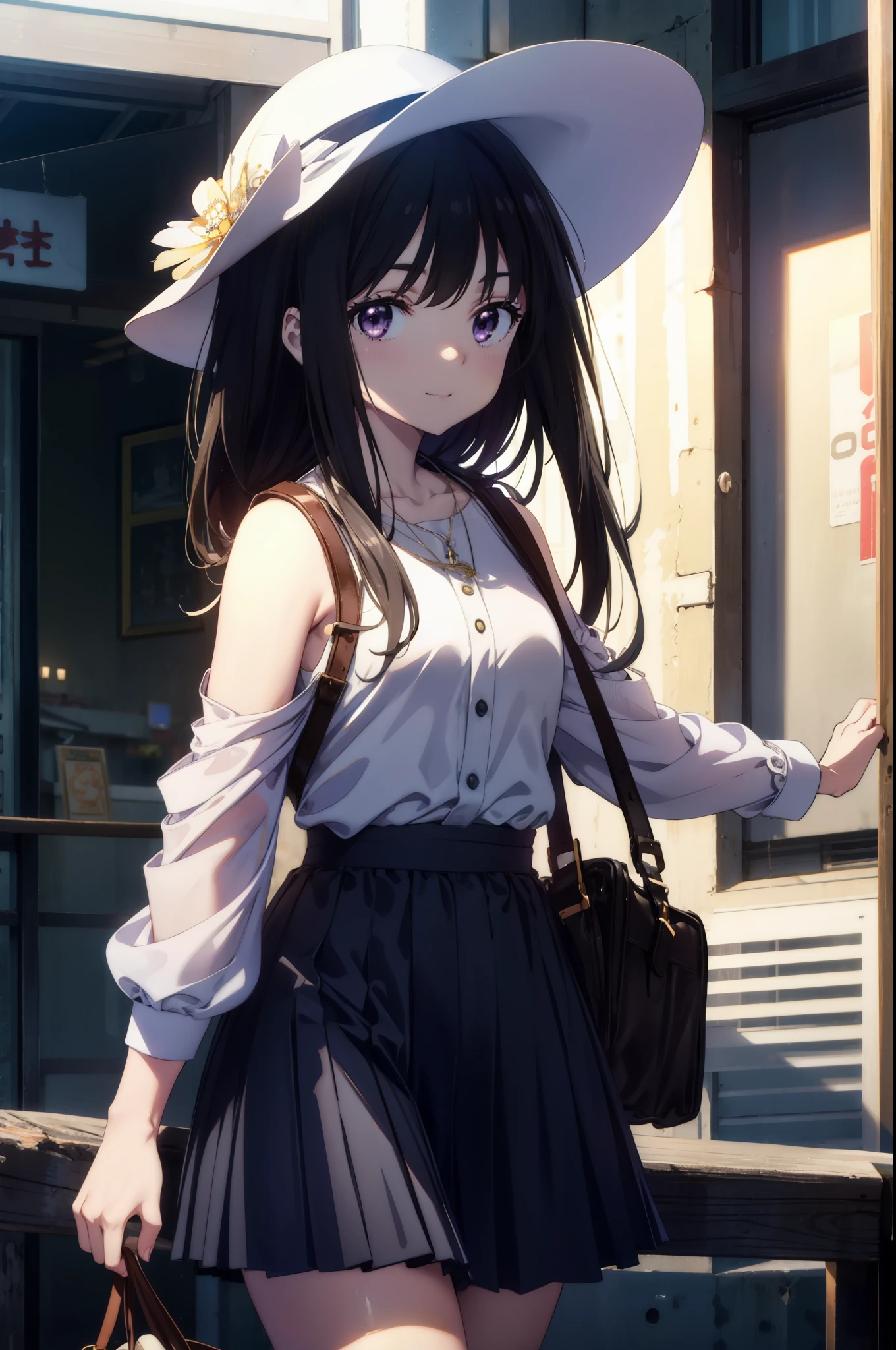 Takiuchi, Inoue Check, Long Hair, bangs, Black Hair, (Purple eyes:1.2),happy smile, smile, Open your mouth,smile,blush,Blue long skirt one-piece dress,No sleeve,Bare arms,Rocket Pendant,Cute Sandals,White hat,True Summer,Clear skies,So that the whole body goes into the illustration,
break outdoors, Coastal Road,City Street,
break looking at viewer, (Cowboy Shot:1.5),
break (masterpiece:1.2), highest quality, High resolution, unity 8k wallpaper, (figure:0.8), (Beautiful fine details:1.6), Highly detailed face, Perfect lighting, Highly detailed CG, (Perfect hands, Perfect Anatomy),