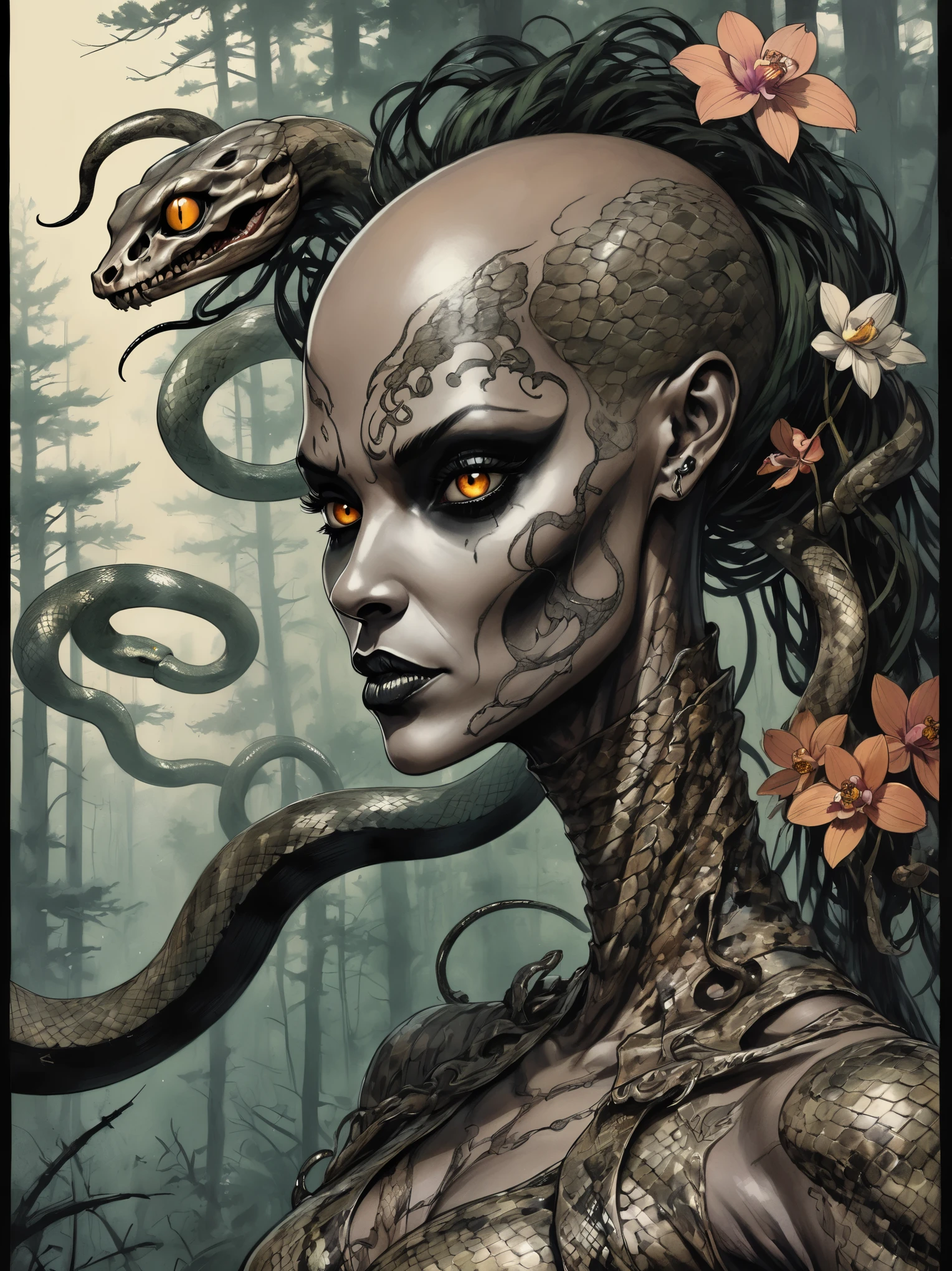 Medusa, splash page decompressed comic cover art, ink style figure,((expressive Joelle Jones and "Sean Gordon Murphy" comic drawing)), wordless, cinematic poster, double exposure, optical illusion, image within image, abyss void black no visibility darkness, full length portrait, (background, pine barrens, entropy, rewilding, magic hour sunset, galaxy stars, cosmos), (horror, abstract, surreal, body, cosmic), candid, snake skin dress, body anatomy drawn Frederic Delavier musculature anatomical illustration, (face, ornate black metal ?????? paint, resembles Grace Jones), (body, Naga, snakefolk, lower body snake tail, snake woman hybrid, bald, hairless, skeleton, snake skin tattoos, piercing eyes, snake pupils, over the shoulder), (colors, bleak muted deep fiery radiant glowing ROYGBIV, forest green, earth brown), craftsmanship nuance, (Gerardo Zaffino charcoal), subliminal orchids, nyctophobia, silhouette



