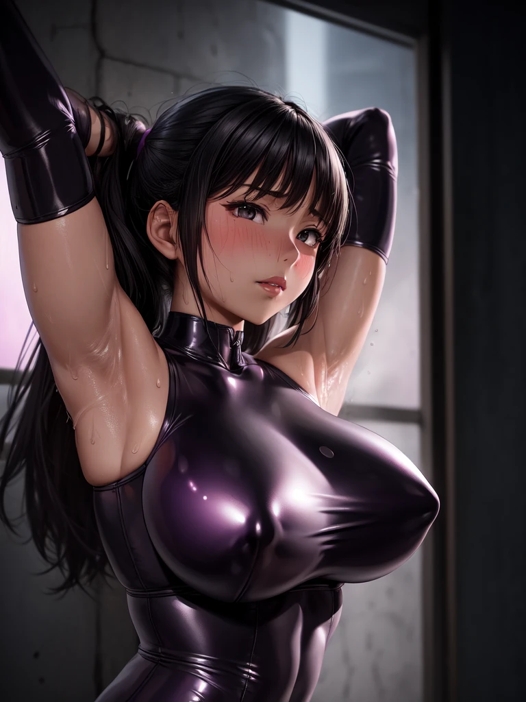A woman in a purple latex top stretches her arms out, Temporarily stop(Please raise your hand + blush), Anatomically correct,(((Big Breasts))),Protruding nipples,((Sweaty skin))Toned arms, Thin upper arms, with Please raise your hand, Underarm, Features of a smooth body, spread both arms wide, (((Excessive sweating))), Arms stretched out, elegant arms, elegant, Arms stretched out, Arms stretched out, a Young Asian Woman, Young Asian Woman,Browsing Caution,oil