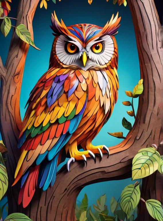 Papercraft, rich vibrant colors, an owl sitting on a tree, masterpiece, 8k, hdr, highly detailed, insane quality