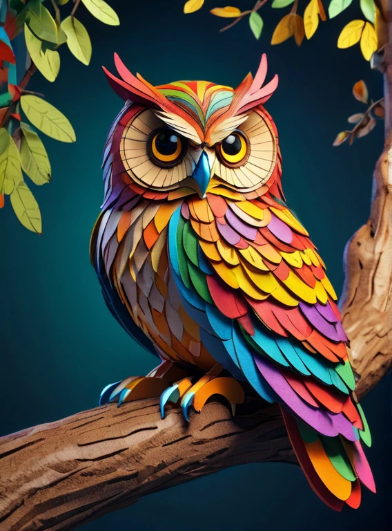 Papercraft, rich vibrant colors, an owl sitting on a tree, masterpiece, 8k, hdr, highly detailed, insane quality