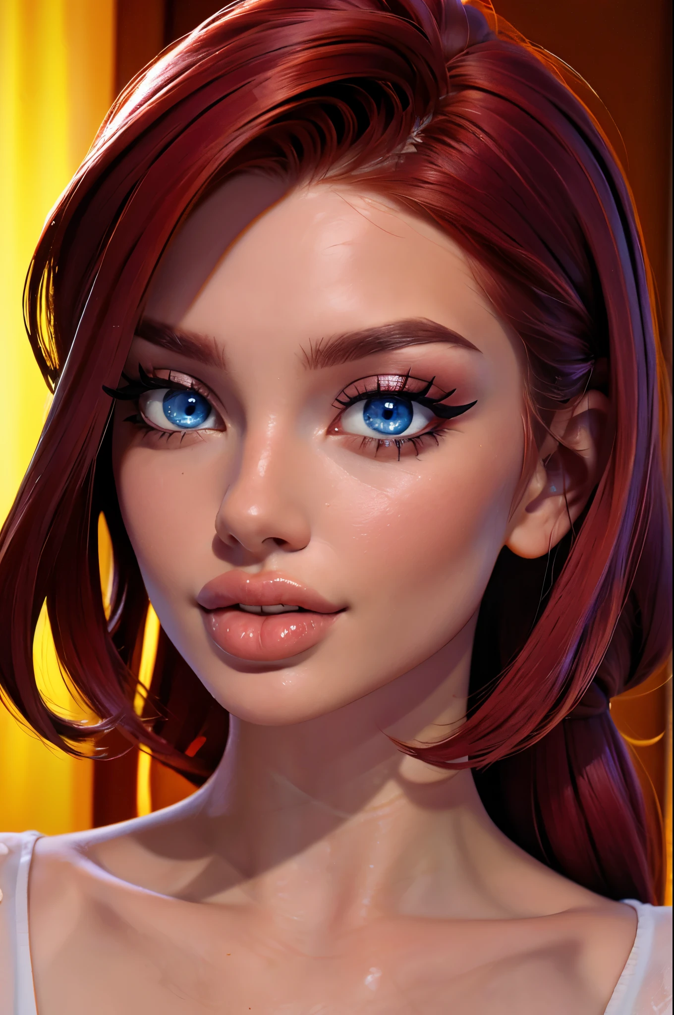 (sexy red haired young woman,perfect body,posing,model,stage,luxury hall),(oil painting),(detailed face,beautiful eyes,detailed lips, lips apart),(best quality,highres:1.2),(realistic),(portrait),(vibrant colors),(soft lighting), ((confident:1.2)), ((joyful:1.1))