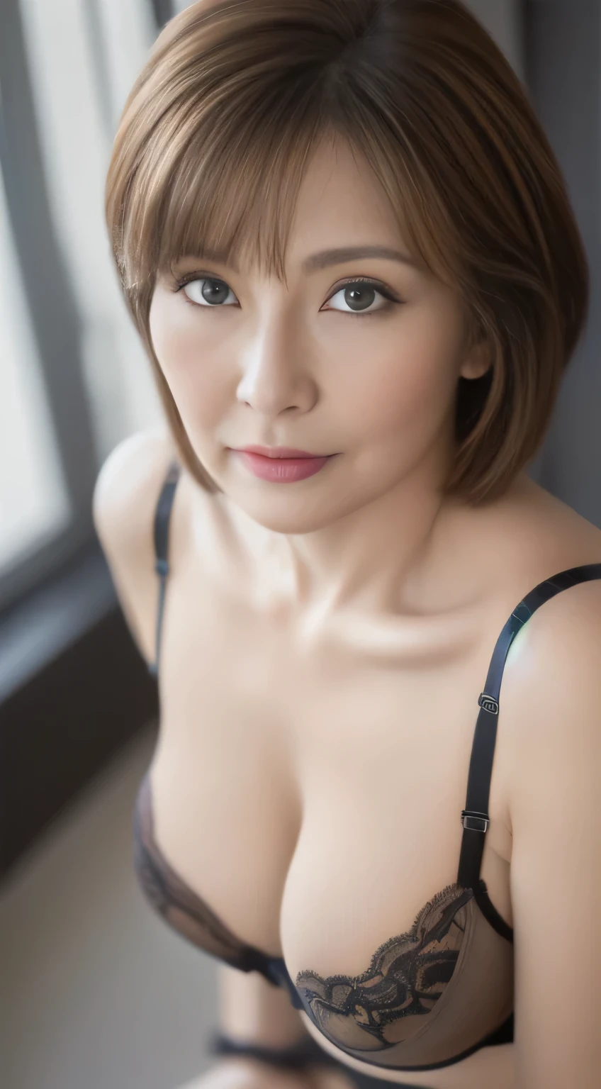 ((highest quality、8k、masterpiece:1.3))、Japanese、56 years old、voluptuous woman、One Girl、(Slim figure:1.3)、Brown haired、Bobcut、Ultra detailed face、Detailed lips、Detailed eyes、double eyelid、(Big Breasts:1.4)、((bra,Panties))、Fold your arms in front of your chest、((squat))、whole body、foot,Mature Woman