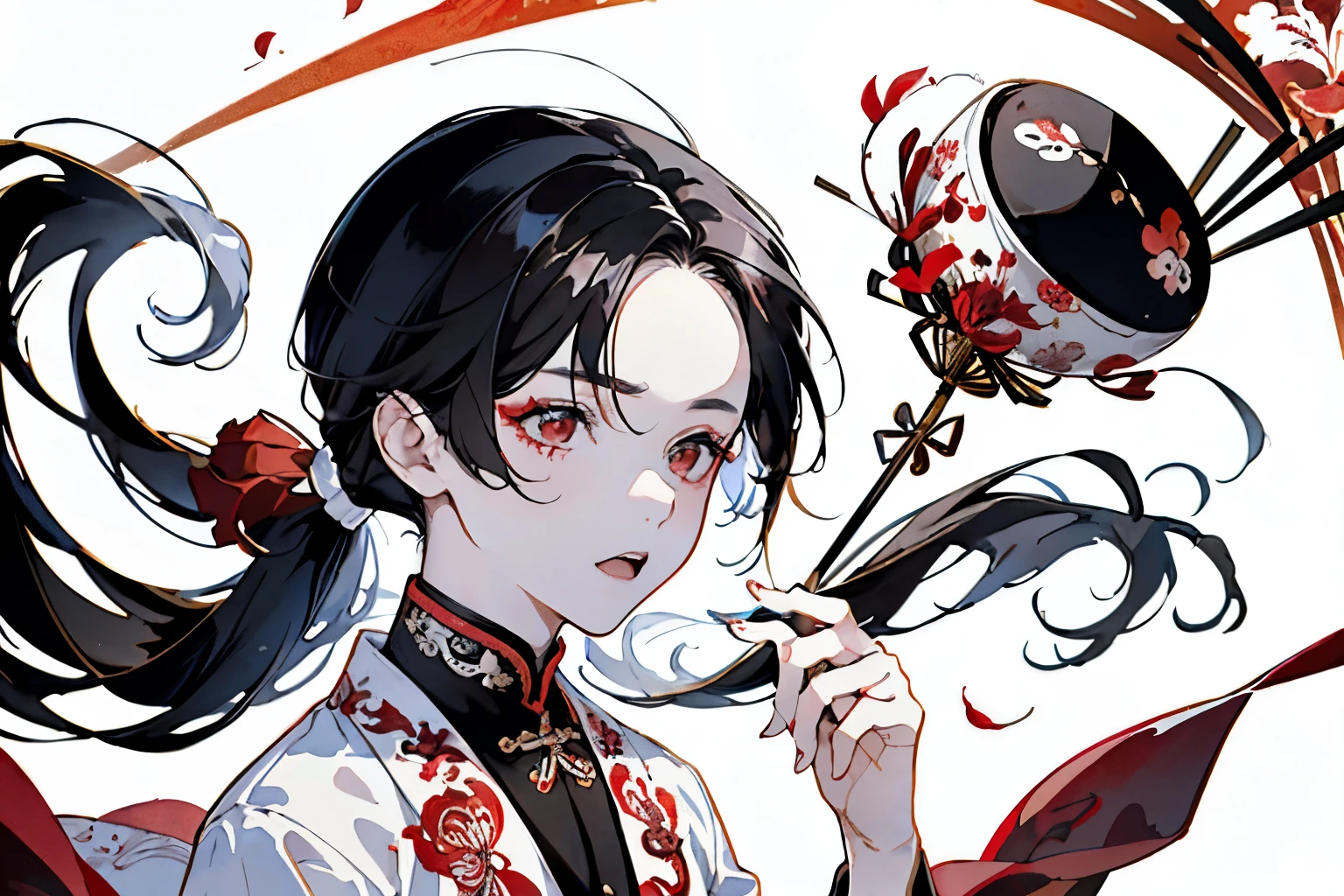 White clothes bring disaster to the world,(boy around 18 years old:1.5),Ancient Chinese style immortal clothing,(Long black hair ponytail:1.4),(Red spider lily:1.35),(Masquerade Mask:1.2),(Dancing beautifully:1.3),((Watercolor pattern background))