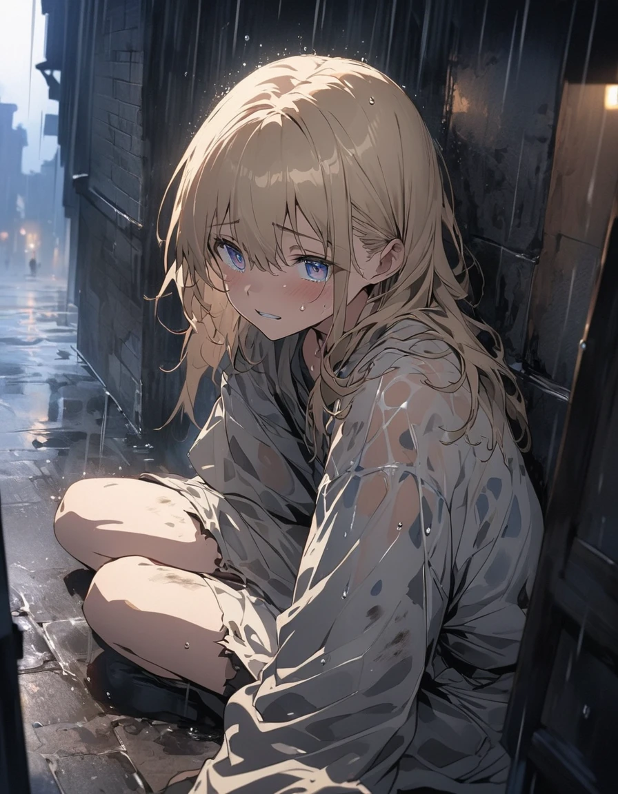 boy, sitting in the alley, Dirty and torn clothes, Sad face, Under the Rain, At night、(highest quality、masterpiece、High resolution、detailed)、animeスタイル、Flat Style、(Beautiful Eyes、detailed美しい顔),  BREAK,anime、extremely detailed、Best lighting, Best Shadow、Dynamic Angle、Beautiful and delicate depiction of rain