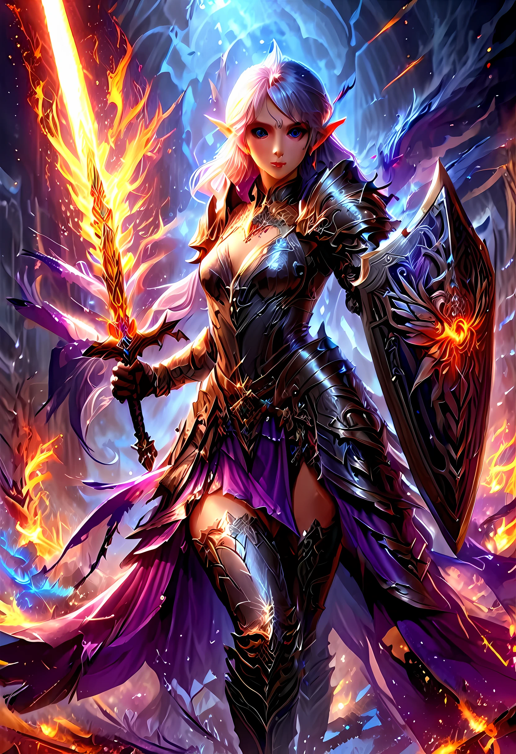 speedpainting a picture of a female elf (intense details, Masterpiece, best quality: 1.5) fantasy swashbuckler, fantasy fencer, armed with a slim sword, shinning sword, metallic shine, colorful clothes, dynamic clothing, an ultra wide shot, full body (intense details, Masterpiece, best quality: 1.5)epic beautiful female elf (intense details, Masterpiece, best quality: 1.5), rich hair, braided hair, small pointed ears, Sword and shield, GLOWING SWORD [colorful magical sigils in the air],[ colorful arcane markings floating] (intricate details, Masterpiece, best quality: 1.6), holding a [sword] (intricate details, Masterpiece, best quality: 1.6) holding a [sword glowing in red light] fantasy urban street (intense details, Masterpiece, best quality: 1.5),  purple cloak, long cloak (intense details, Masterpiece, best quality: 1.5), sense of daring, sense of adventure,  high details, best quality, 8k, [ultra detailed], masterpiece, best quality, (extremely detailed), dynamic angle, ultra wide shot, photorealistic, RAW, fantasy art, dnd art, fantasy art, realistic art, faize, Sword and shield, GLOWING SWOR