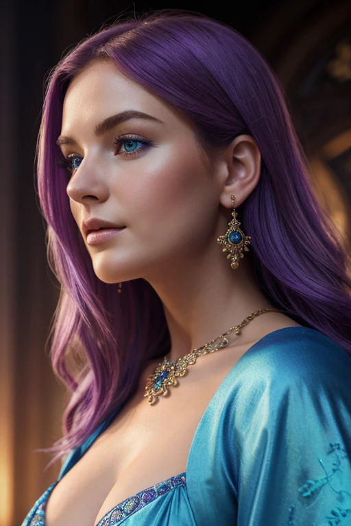 (best quality,4k,8k,highres,masterpiece:1.2),ultra-detailed,(realistic,photorealistic,photo-realistic:1.37),beautiful woman, purple hair, fair skin, blue eyes, purple-haired beauty, fair-skinned beauty, detailed facial features, celestial eyes, medieval style, ethereal ambiance, intricate jewelry, flowing robes, graceful posture, enchanting background, vibrant colors, soft lighting